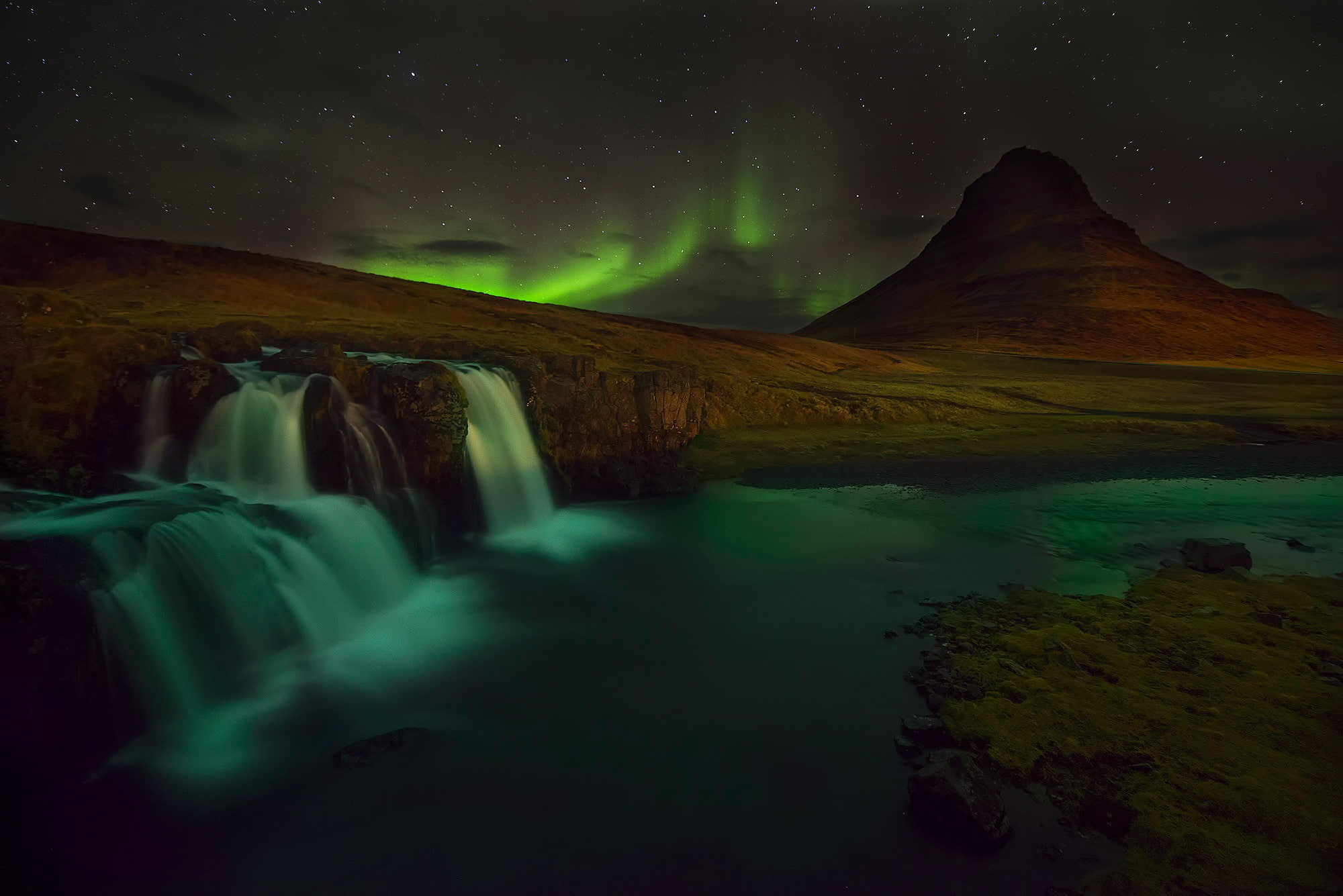 the volcano, rocks, body, 1080P, Northern lights, night, waterfall, Iceland, mountain, water, snow, Kirkjufell, HD Wallpaper