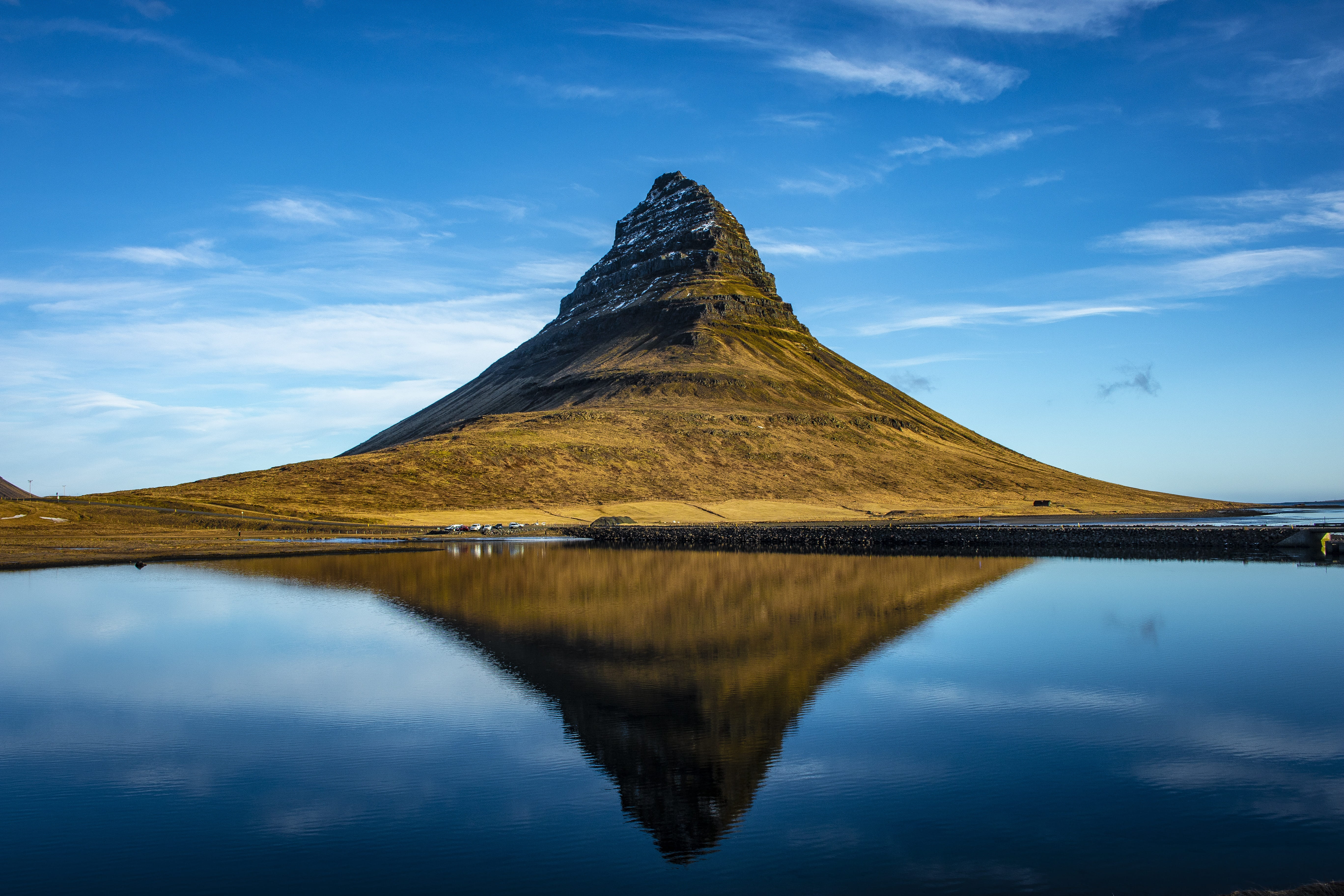 water, nature, mood, lake, sky, idyllic, beauty in nature, volcanic rock, cloud - sky, scenic, travel, iceland, atmosphere, tranquility, kirkjufell, landscape, HD Wallpaper