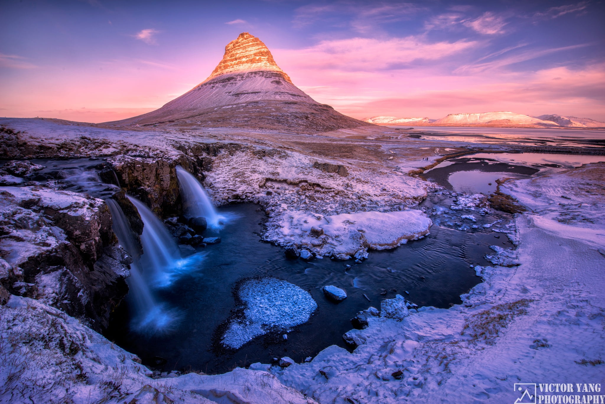 the sky, winter, paint, snow, mountain Kirkjufell, river, waterfalls, 1080P, light, HD Wallpaper