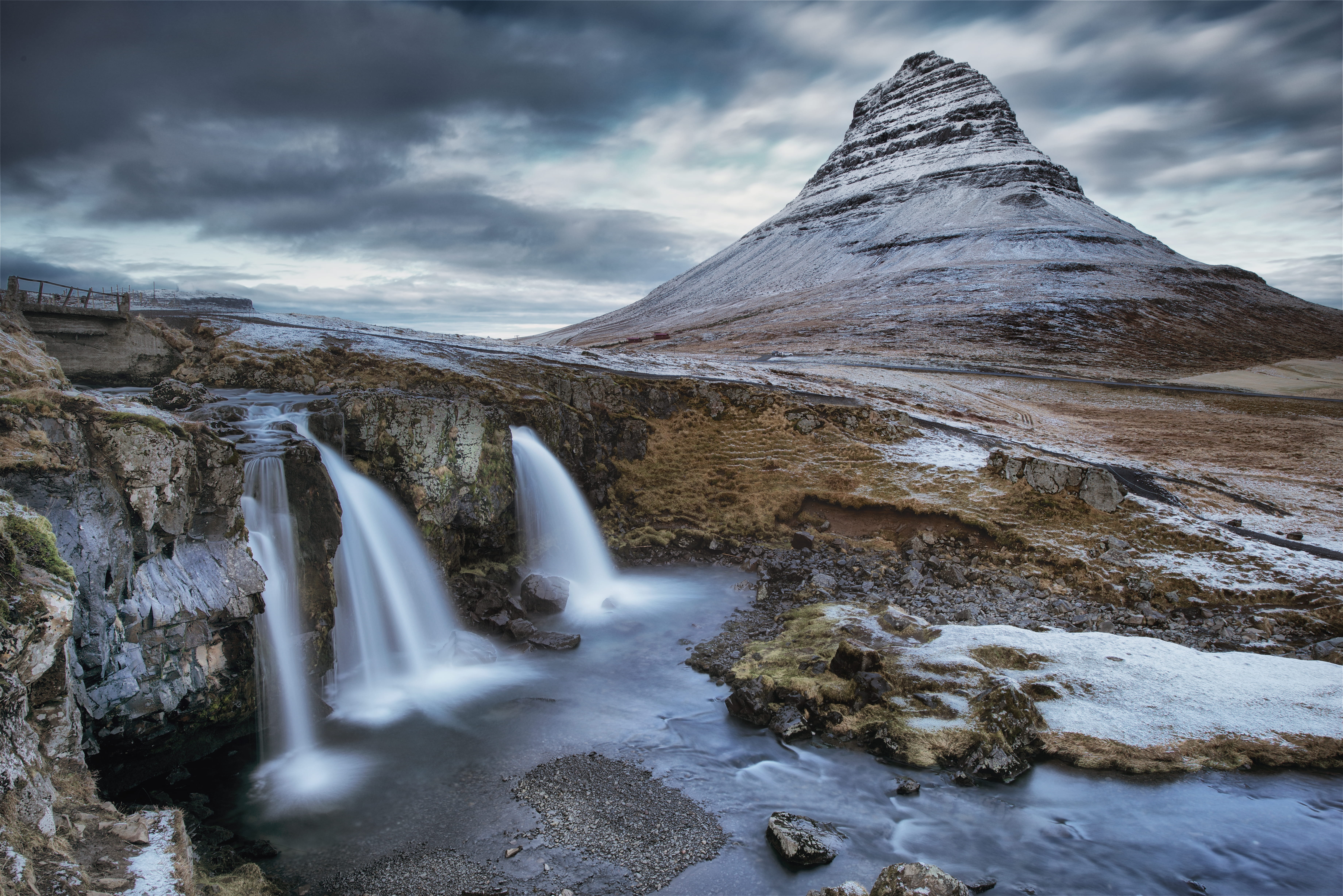 exposure, flowing, power in nature, mountain peak, non-urban scene, photography, snowy, daytime, mountain, long exposure, waterfall, cloud - sky, near, HD Wallpaper