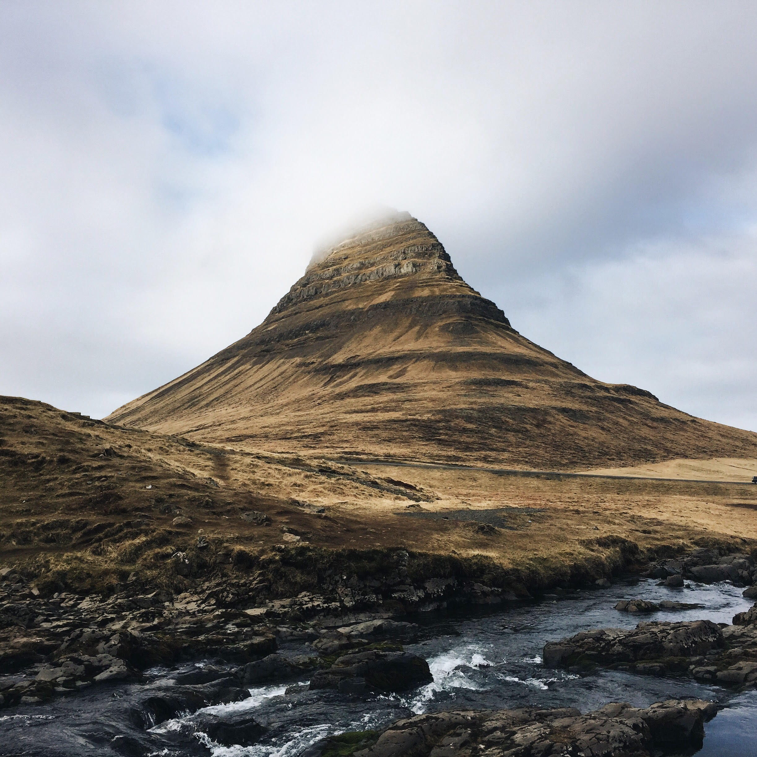 crest, land, stream, mountain ridge, idyllic, tranquil scene, solid, river, outside, outdoors, kirkjufell, peak, day, geology, monument, tranquility, environment, Phone HD Wallpaper