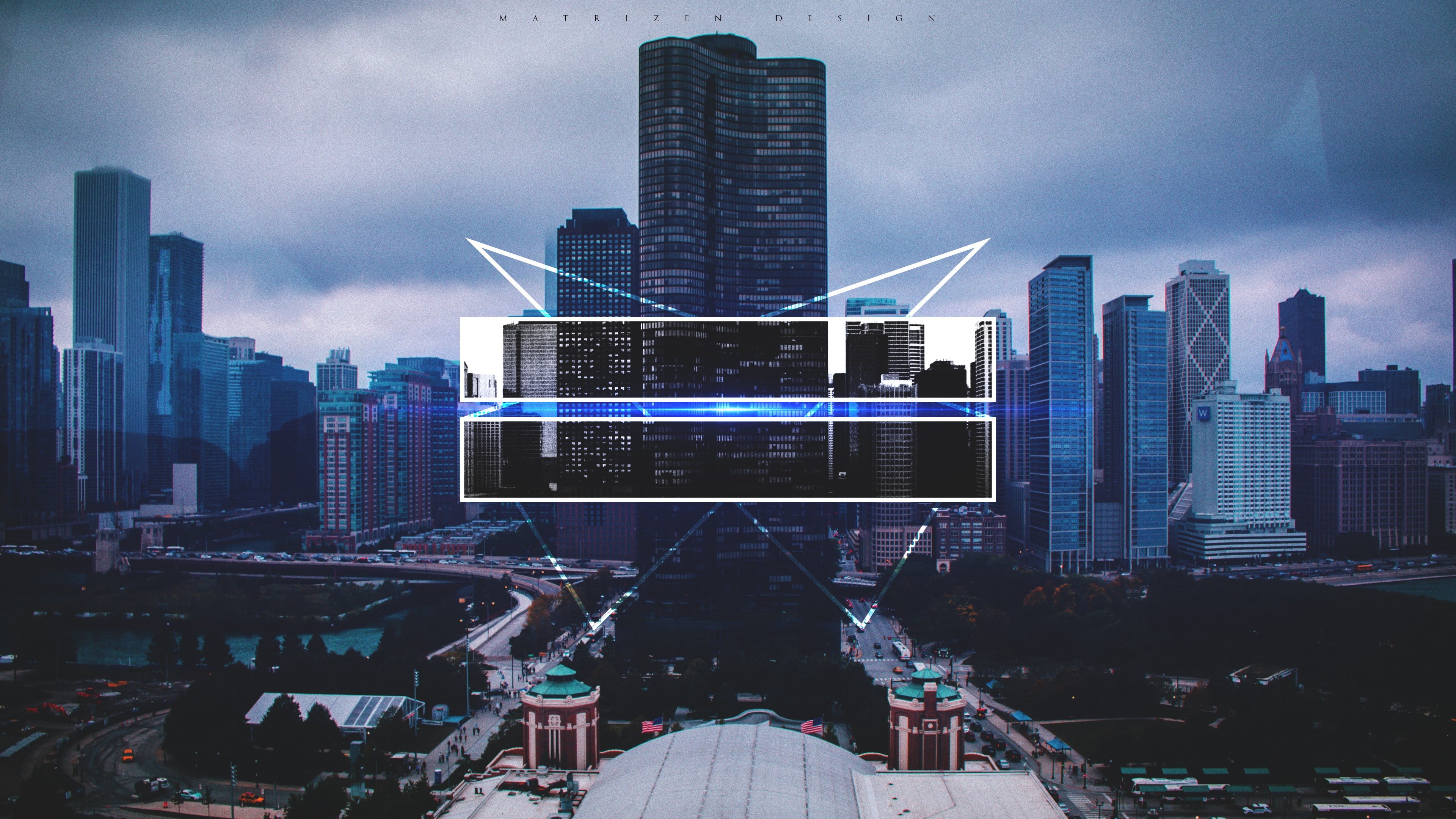building, City view, digital art, monochrome, Triangle, clouds, Photoshop, minimalism, 3840x2160 px, rectangle, 4K, Simple, HD Wallpaper
