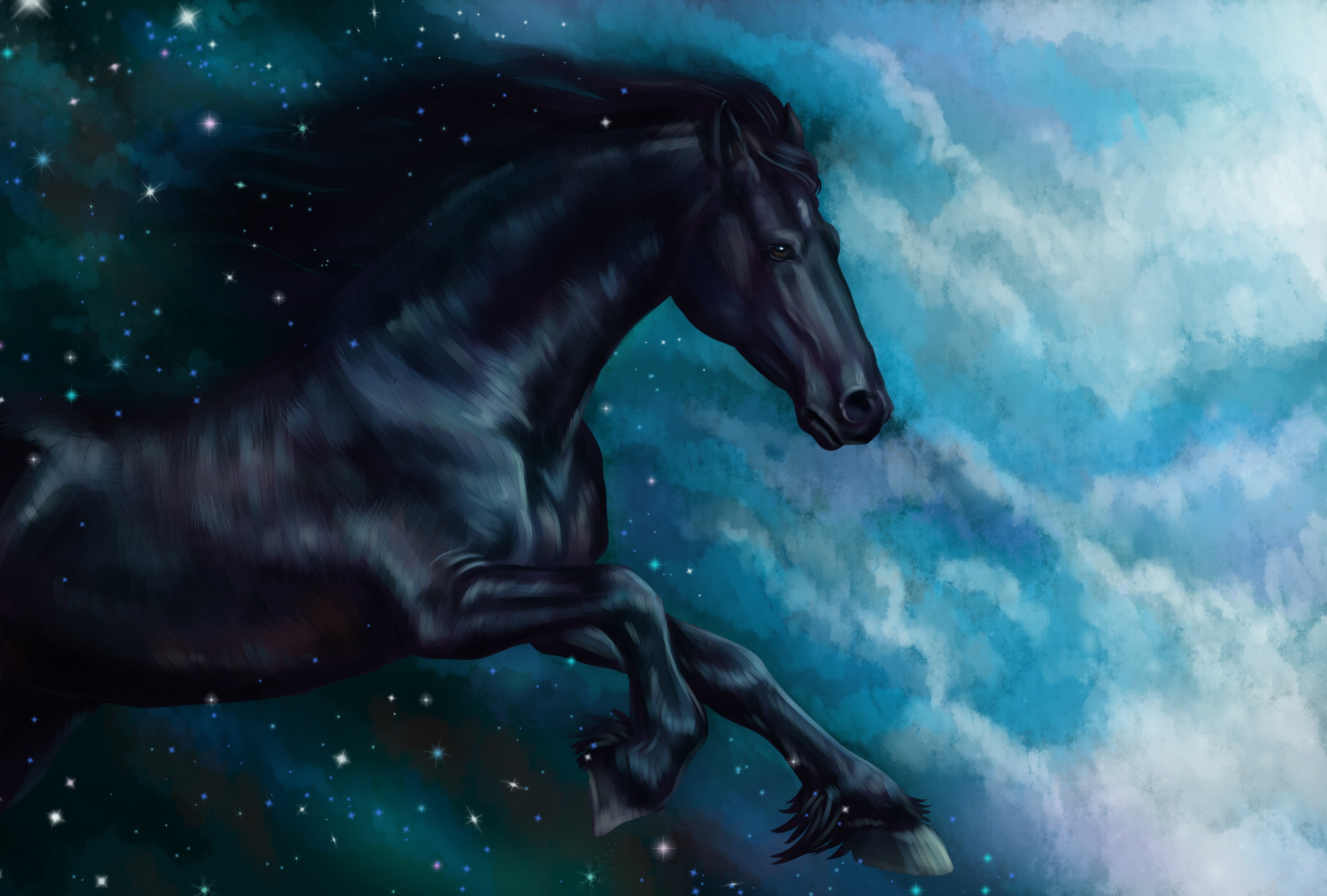 oil, painting, tale, pencil, sky night, horse, 2K, art, painting painting, watercolor, the star clouds, gouache, HD Wallpaper