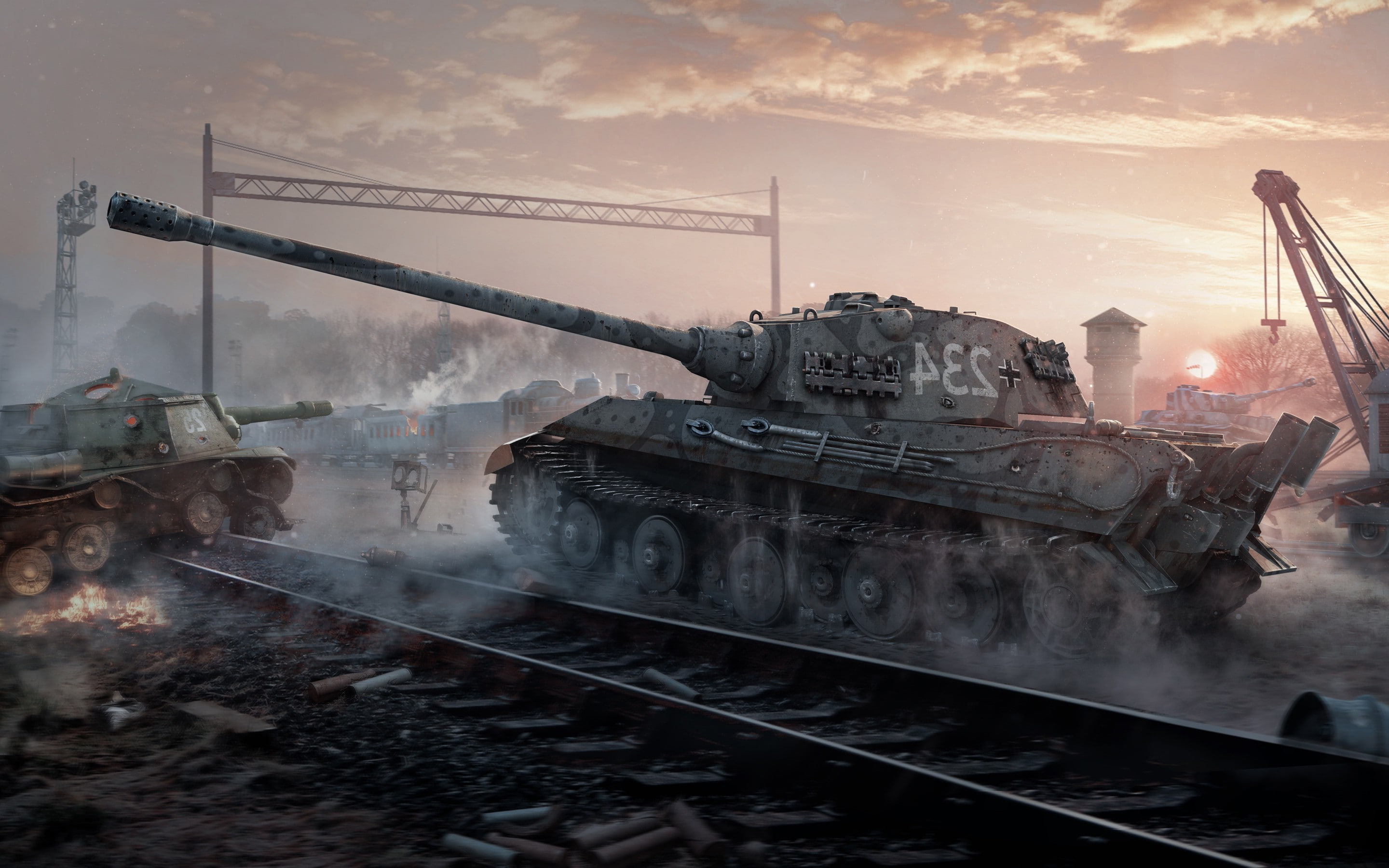 digital art, transportation, World Of Tanks, sunset, architecture, metal, track, artwork, video games, train, nature, Railway, cloud - sky, railroad track, HD Wallpaper