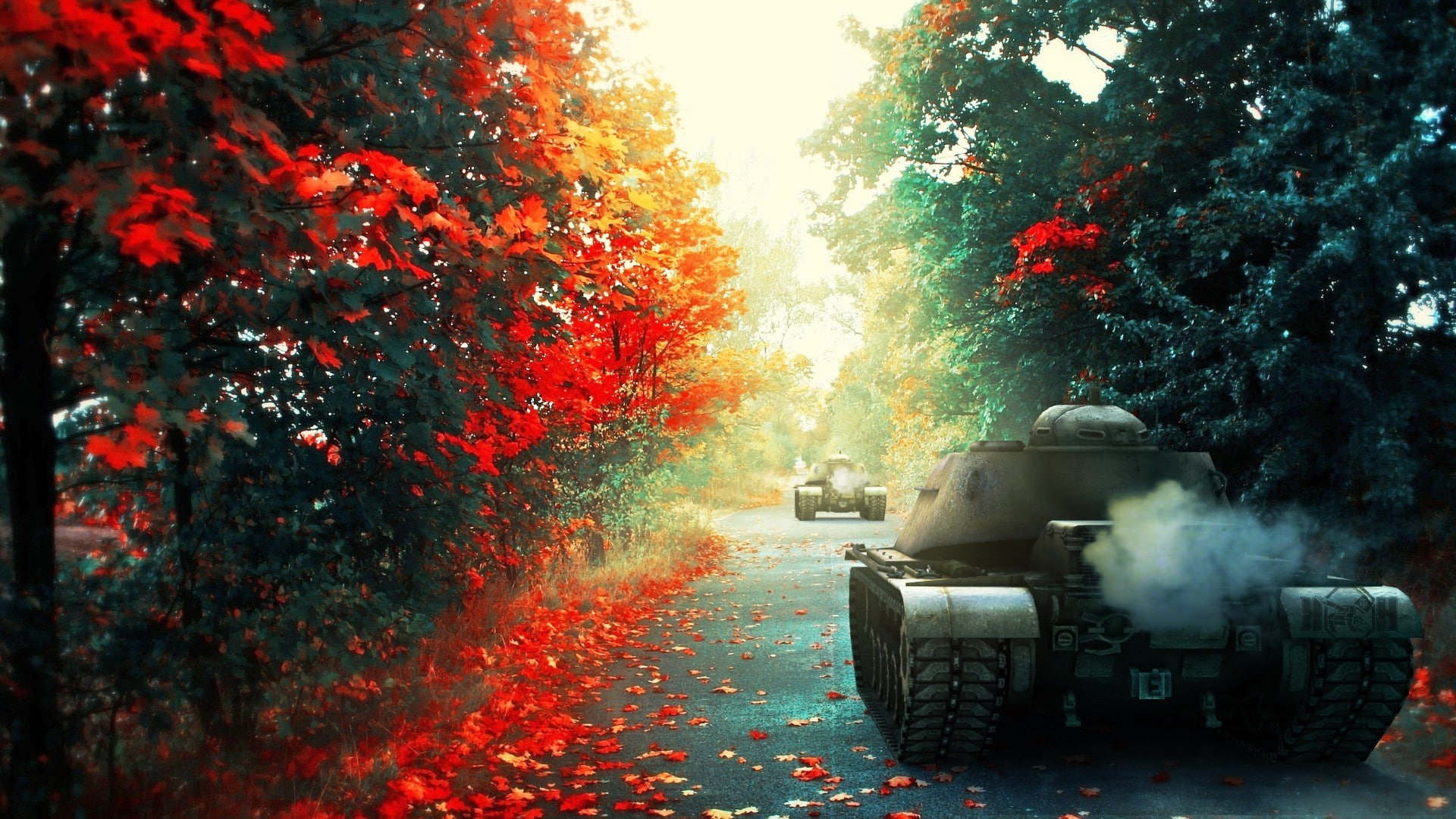 sunlight, road, red, plant, tree, no people, mode of transportation, agricultural machinery, autumn, outdoors, day, motion, 1080P, smoke - physical structure, HD Wallpaper