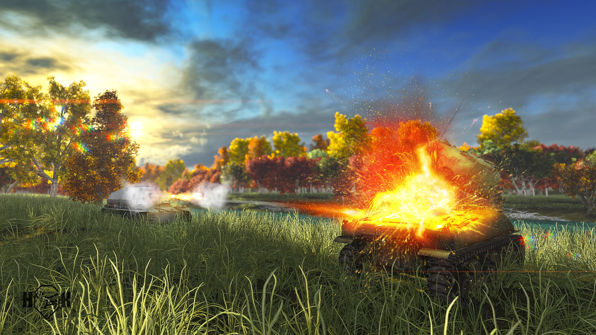 art, the explosion, flame, shot, cloud - sky, battle, burning, land, field, plant, M4 Sherman, WoT, World of Tanks, S. T. V. O. L., beauty in nature, Dicker Max, HD Wallpaper