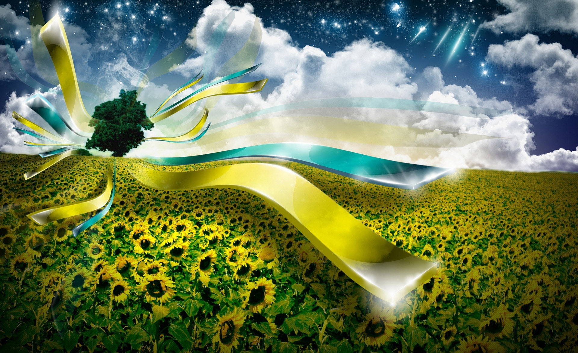 creativity, sunflower, cloud - sky, outdoors, sky, plant, tree, tranquil scene, tranquility, Creative, yellow, land, 1080P, no people, environment, digital composite, HD Wallpaper