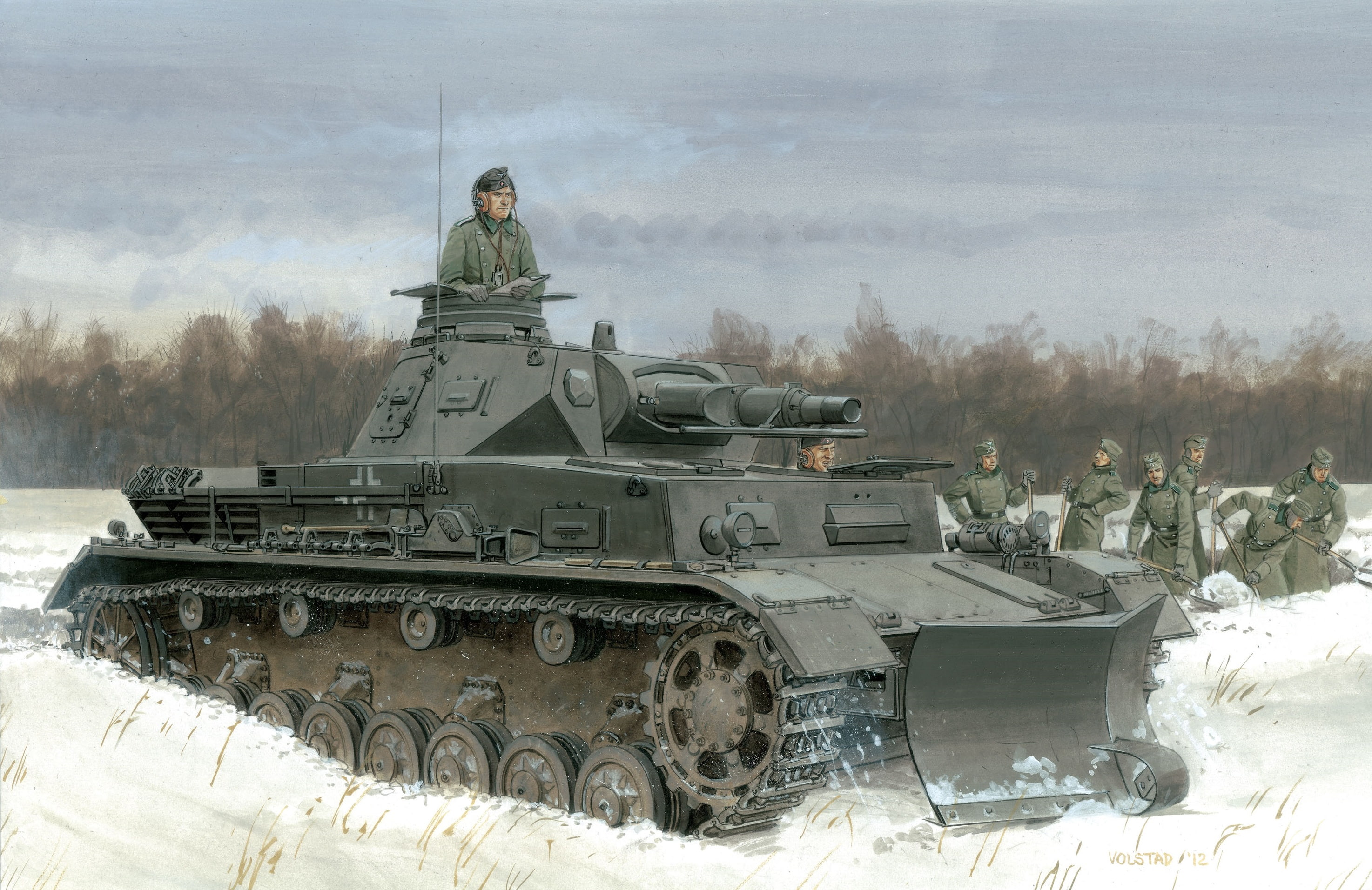 form, field, snow, art, 2K, Fritz, winter, the Germans, Pz.Kpfw. IV Ausf. B, tank, forest, figure, trees, shovel, HD Wallpaper