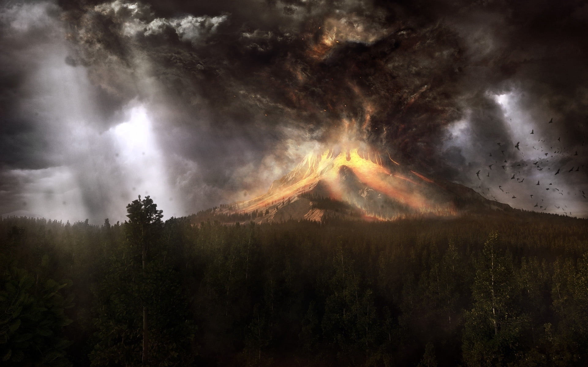 travel, art, smoke, volcano, environment, dark, beauty In Nature, landscape, sunset, non-urban scene, fog, forest fire, dramatic Sky, cloudscape, scenics - nature, HD Wallpaper
