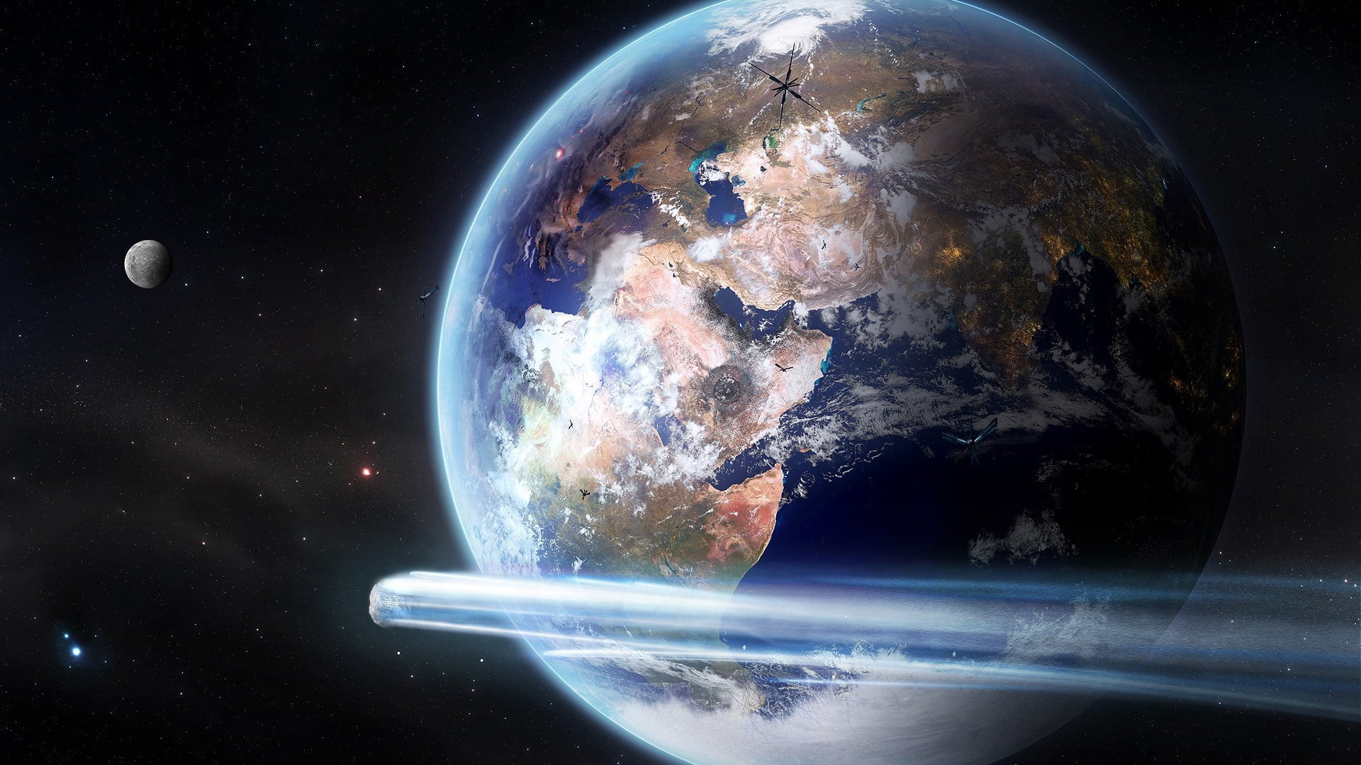 outdoors, star - space, space, atmosphere of earth, global communications, 1080P, sphere, digital composite, night, astronomy, sea, planet - space, satellite view, HD Wallpaper