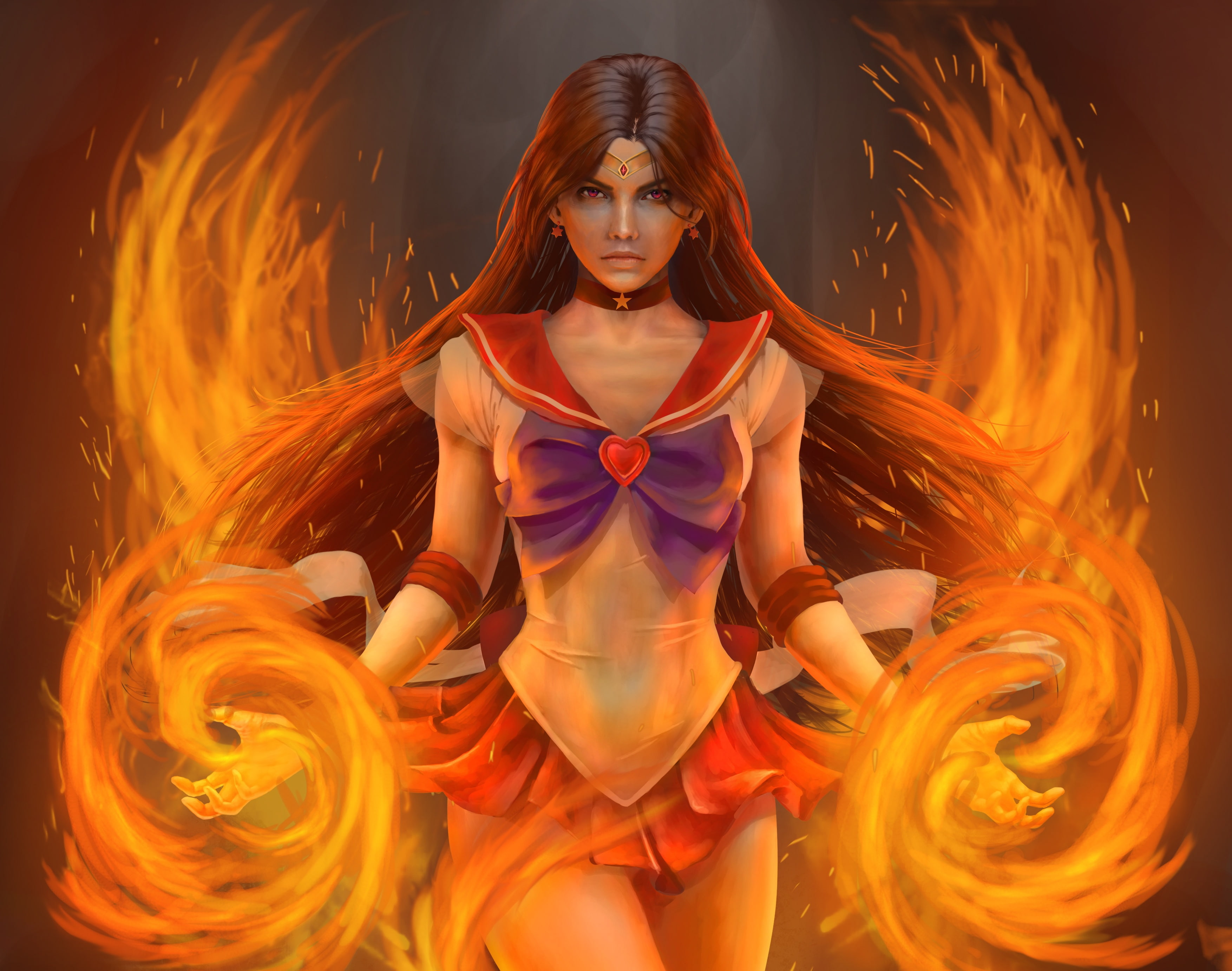 2K, art, girl, fire, Sailor Moon, anime, dress, sailor mars, HD Wallpaper
