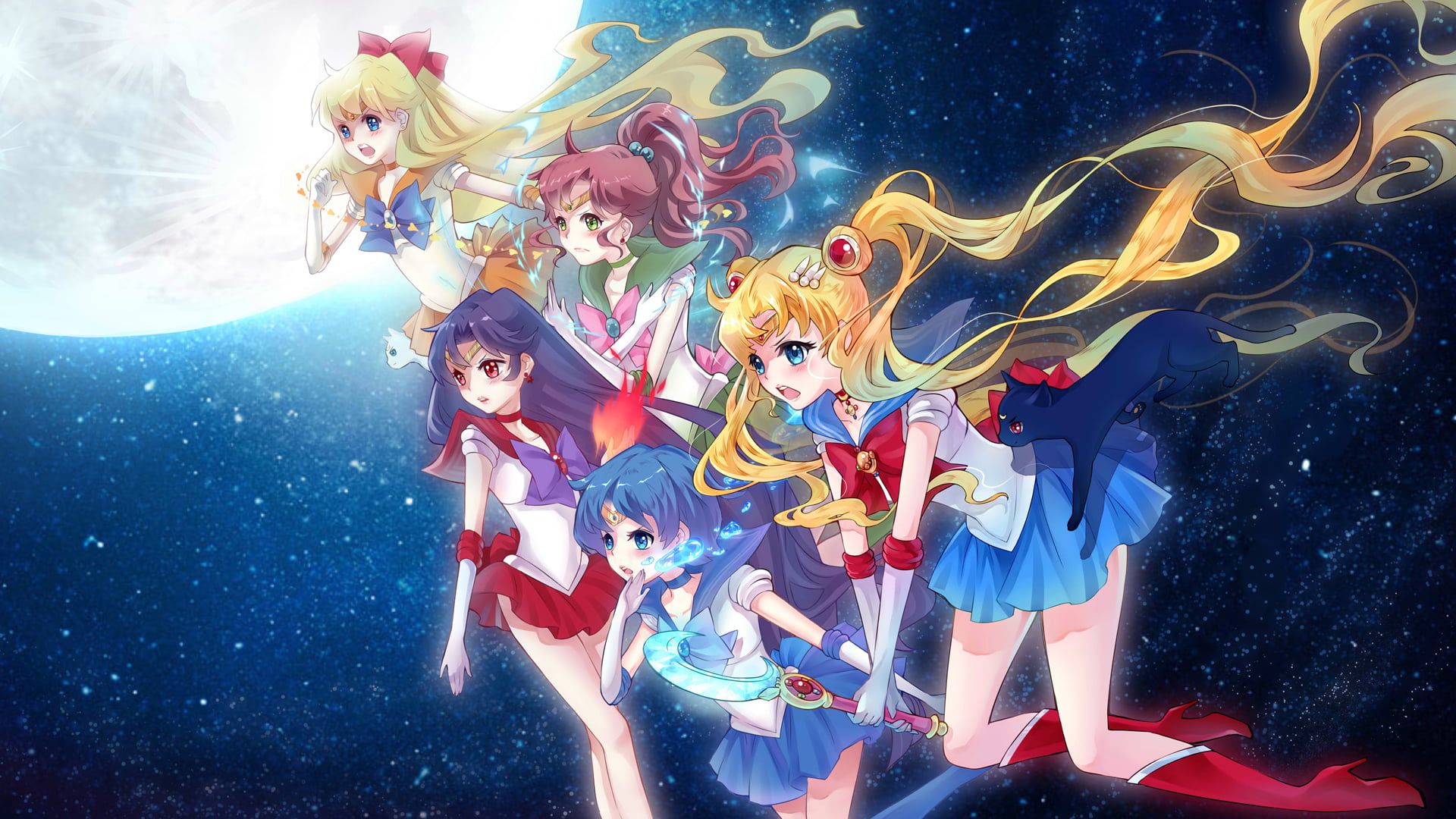 blond hair, sailor uniform, brunette, Sailor Venus, Sailor Jupiter, black hair, Sailor Mars, Sailor Moon, Sailor Mercury, blue hair, 1080P, HD Wallpaper