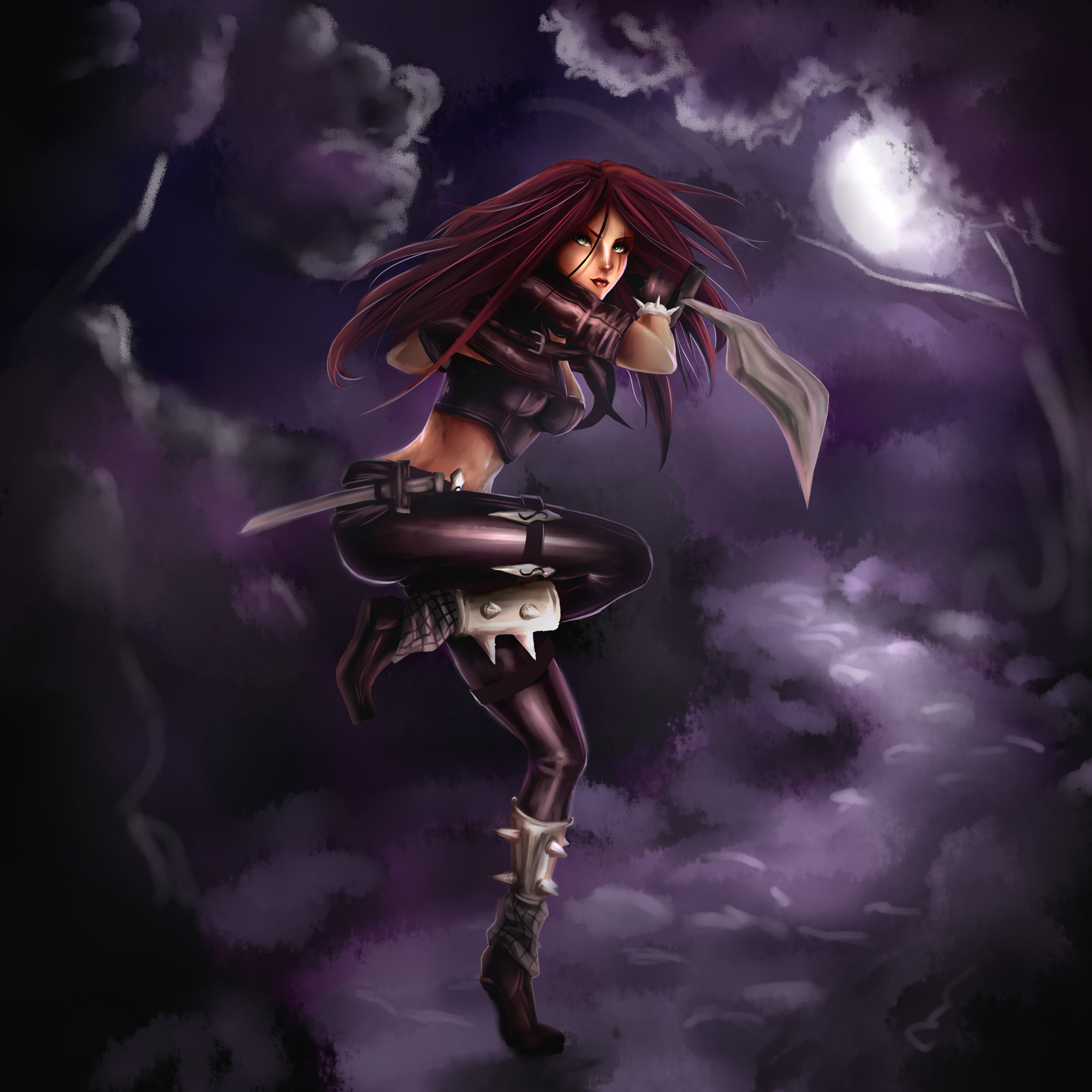 beauty, clothing, adult, one person, katarina (league of legends), beautiful woman, purple, hair, smoke - physical structure, young women, 4K, long hair, Phone HD Wallpaper