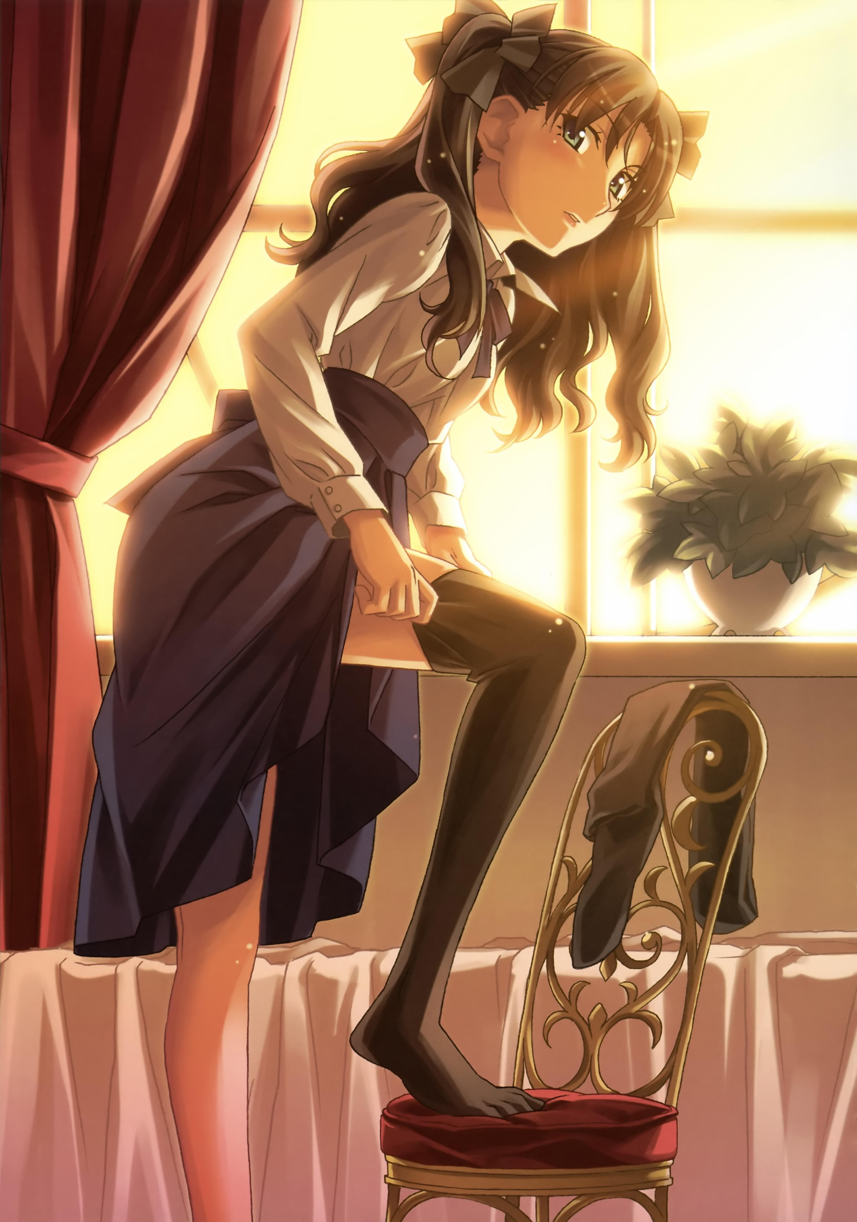 fate stay, series, night, ribbons, dress, 4K, fate, stockings, long, uniforms, tohsaka, hair, anime, girls, school, type moon, rin, japanese, Phone HD Wallpaper