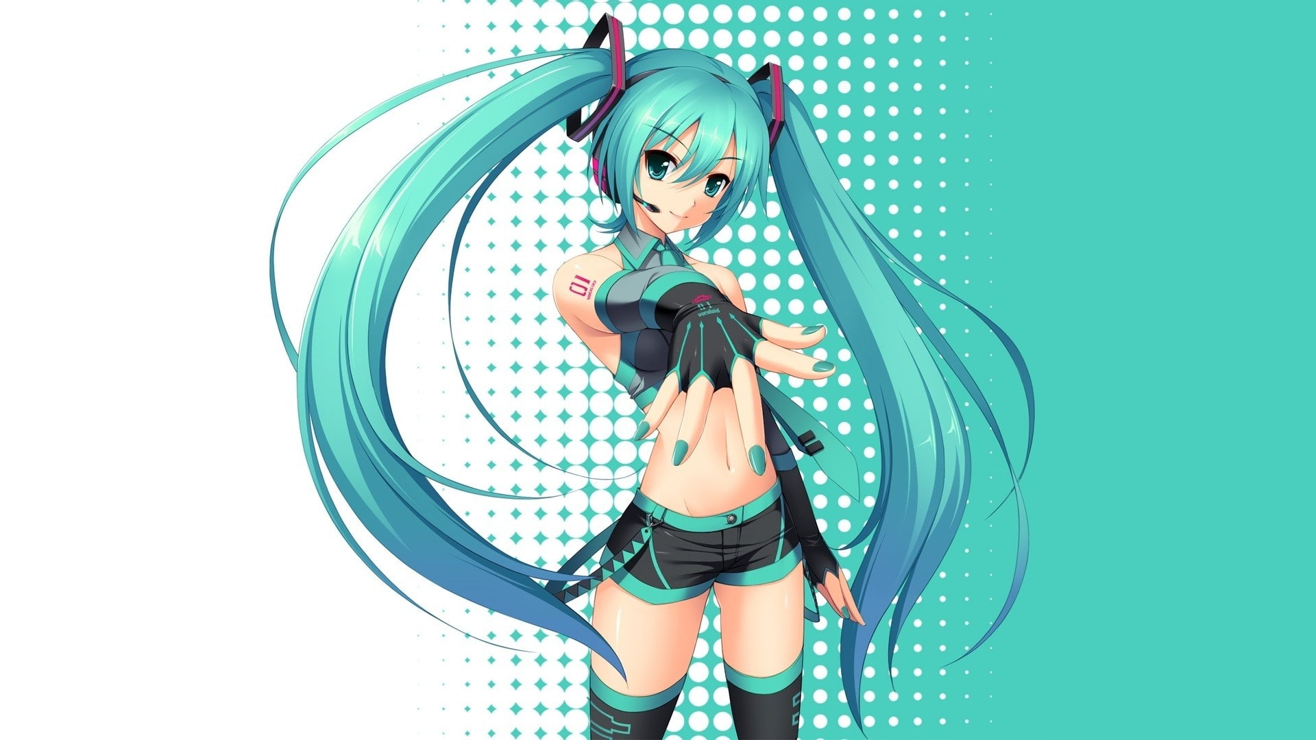 headset, headphones, tw, highs, hatsune, art, hd, miku, hair, gloves, vocaloid, girl, thigh, tattoos, tie, long, 1080P, HD Wallpaper