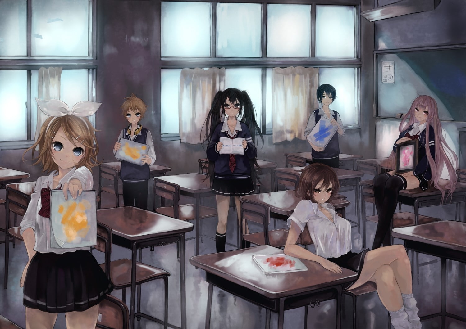 school, 720P, megurine, vocaloid, rin, headphones, miku, luka, people, uniforms, art, glasses, kagamine, hatsune, hd, kaito, HD Wallpaper
