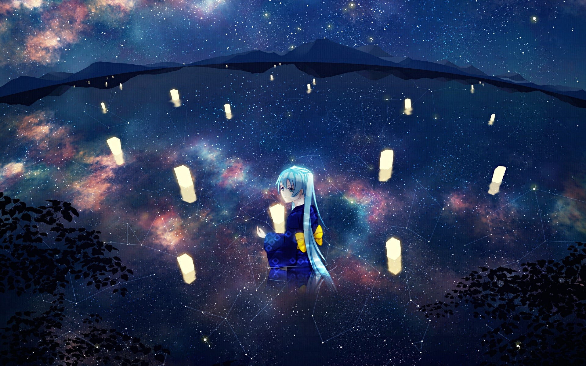 long, hatsune, eyes, water, space, vocaloid, twintails, scenic, night, hd, Landscapes, aqua, kimono, miku, 1080P, hair, stars, art, HD Wallpaper