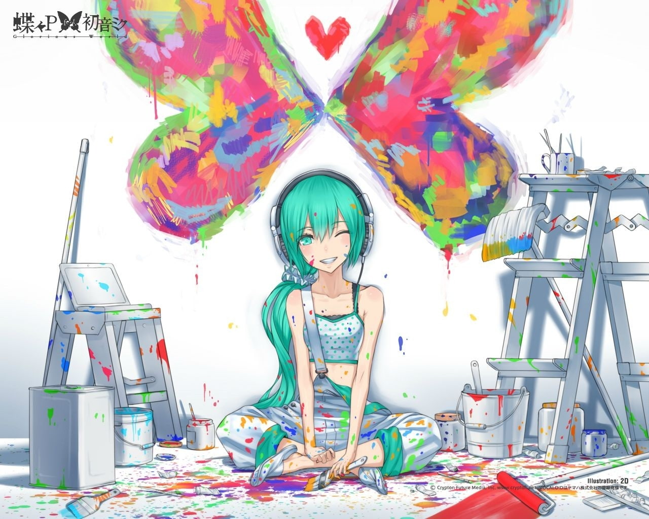hd, butterfly, green, long, 720P, paintings, vocaloid, art, animals, hair, headphones, girl, butterflies, paint, colorful, hatsune, miku, HD Wallpaper