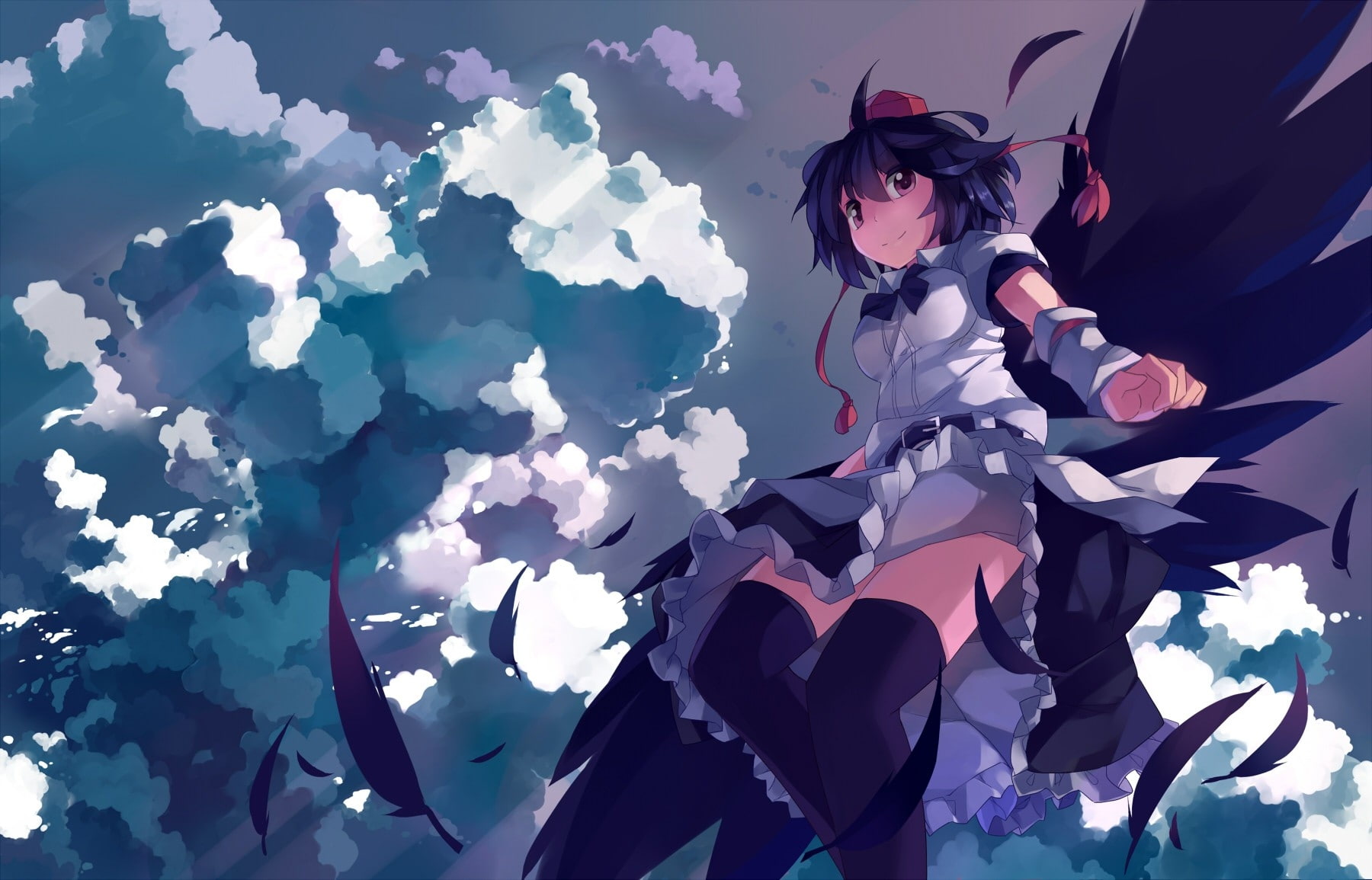 feathers, Video Games, hair, art, highs, hd, shameima, red, video, touhou, 720P, belts, short, Clouds, thigh, dress, games, eyes, flying, wings, HD Wallpaper
