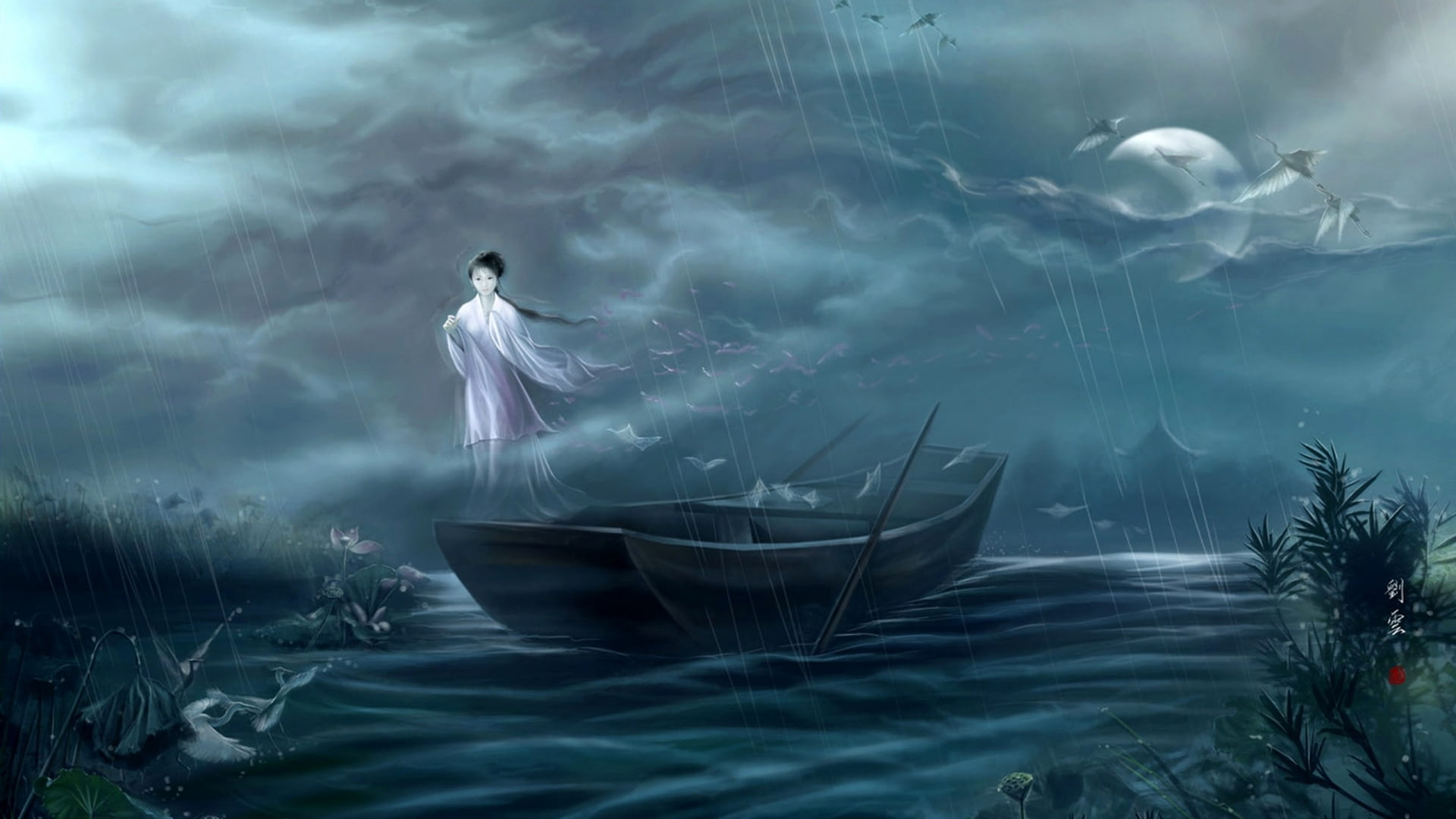 sea, beauty, outdoors, full length, men, mystery, 1080P, dreamlike, boat, art, cloud - sky, contemplation, dark, sky, rain, digital composite, river, backgrounds, HD Wallpaper