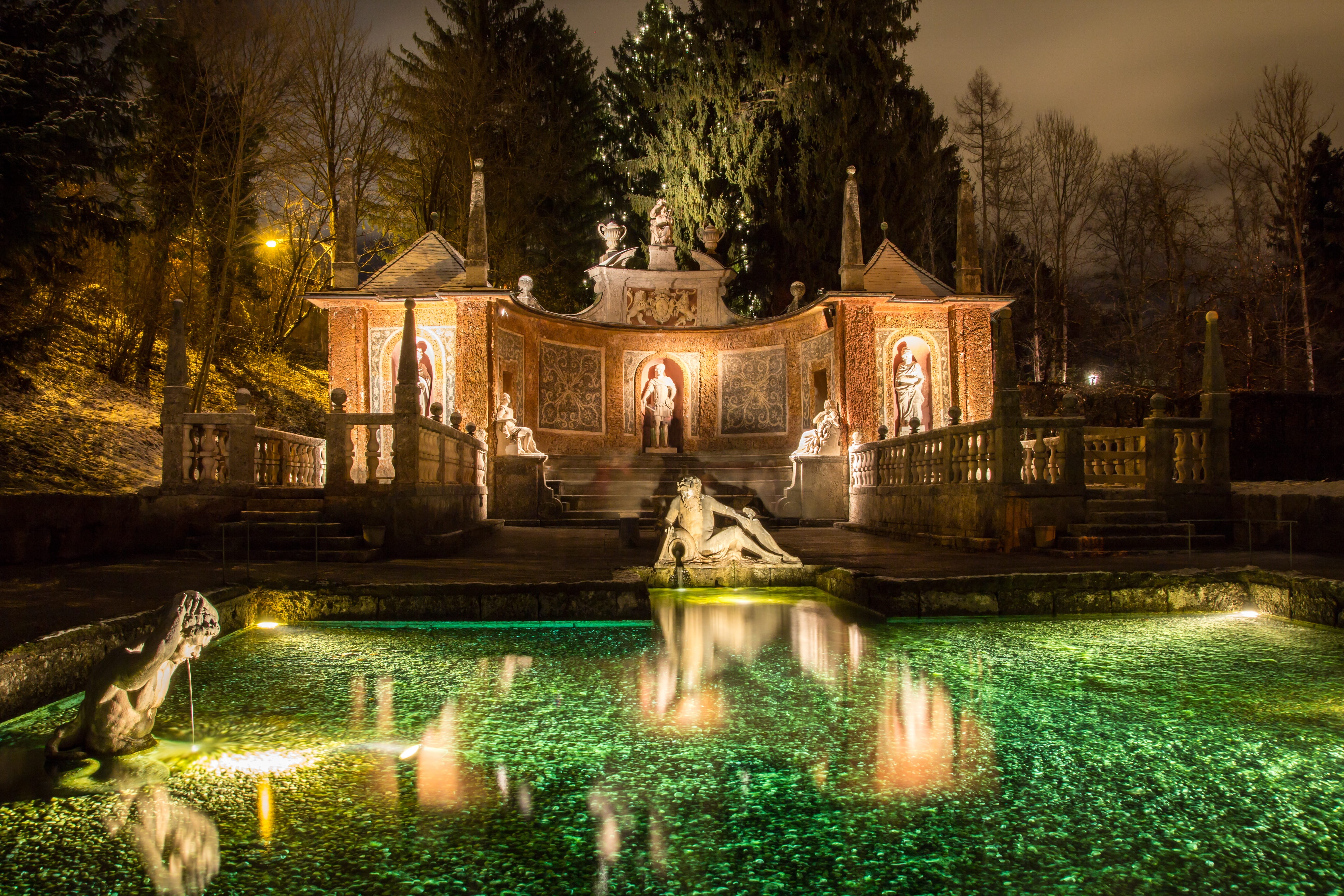 building exterior, night, architecture, pond, motion, outdoors, the past, fountain, tree, stone figure, travel destinations, schloss hellbrunn, water, 5K, HD Wallpaper