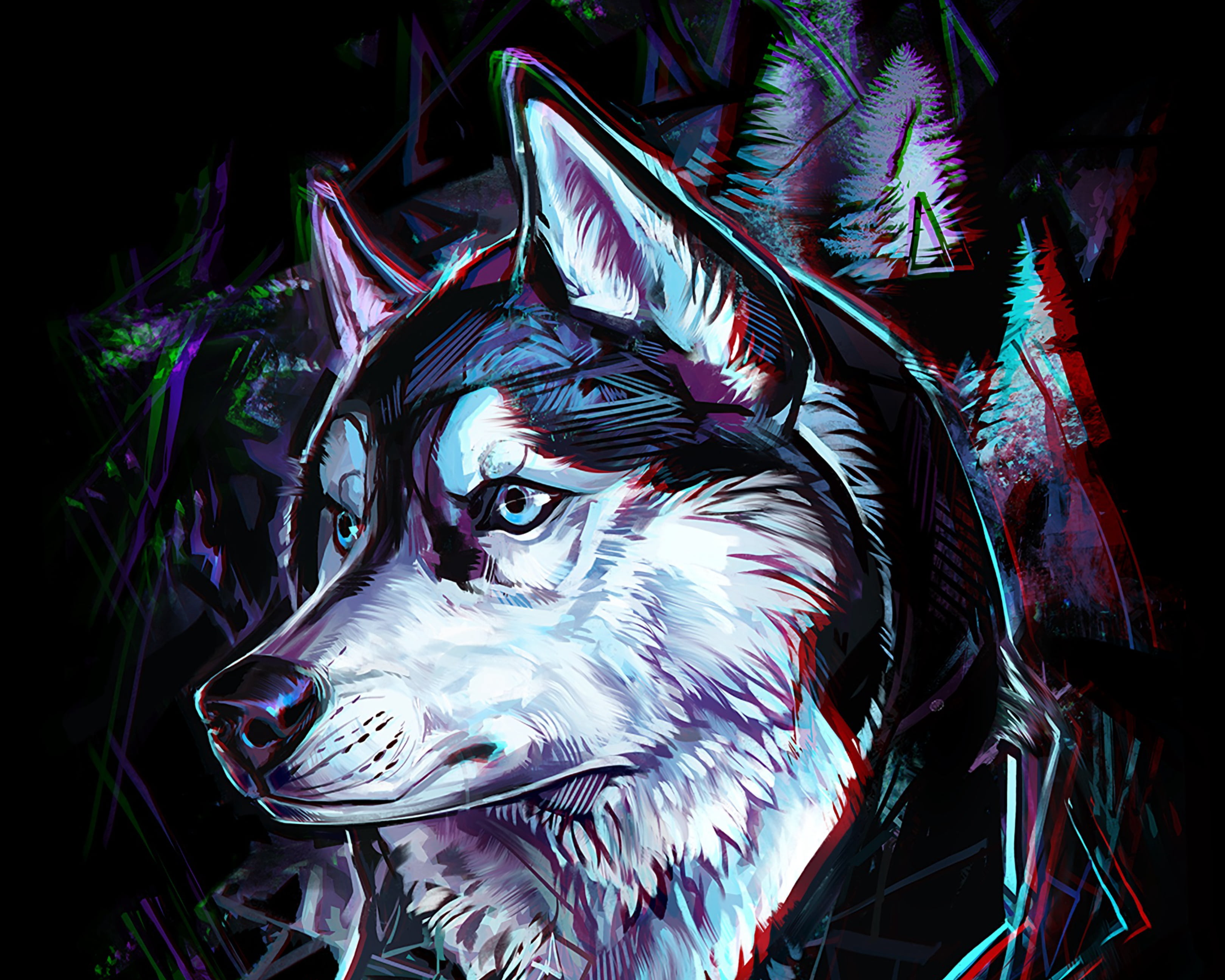 animals, digital art, Siberian Husky, wolf, digital painting, abstract, dark, digital, portrait, dog, 2K, drawing, artwork, HD Wallpaper