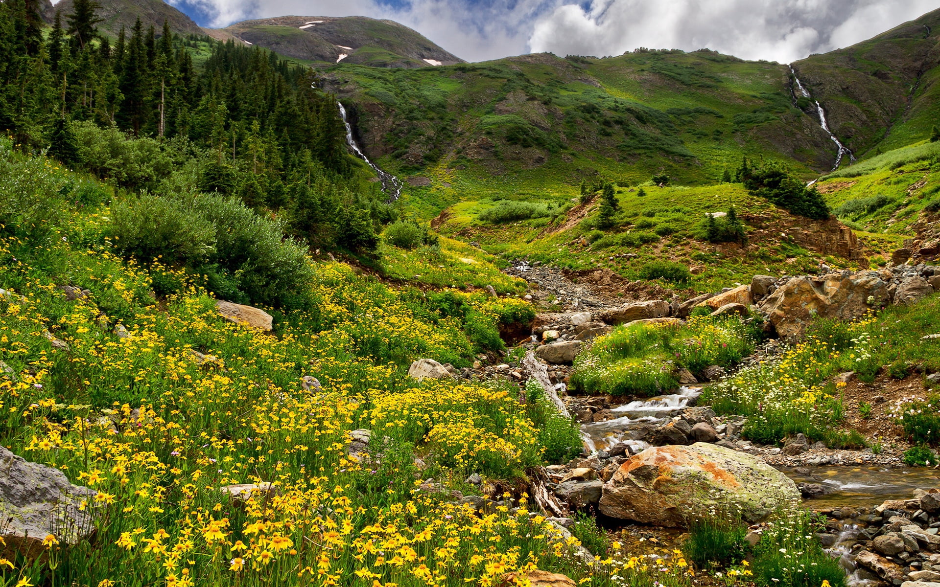 murmur, springtime, cloud - Sky, field, beauty In Nature, 1080P, idyllic, landscape, travel, mountains, tranquility, waterfall, meadow, water, mountain Range, HD Wallpaper