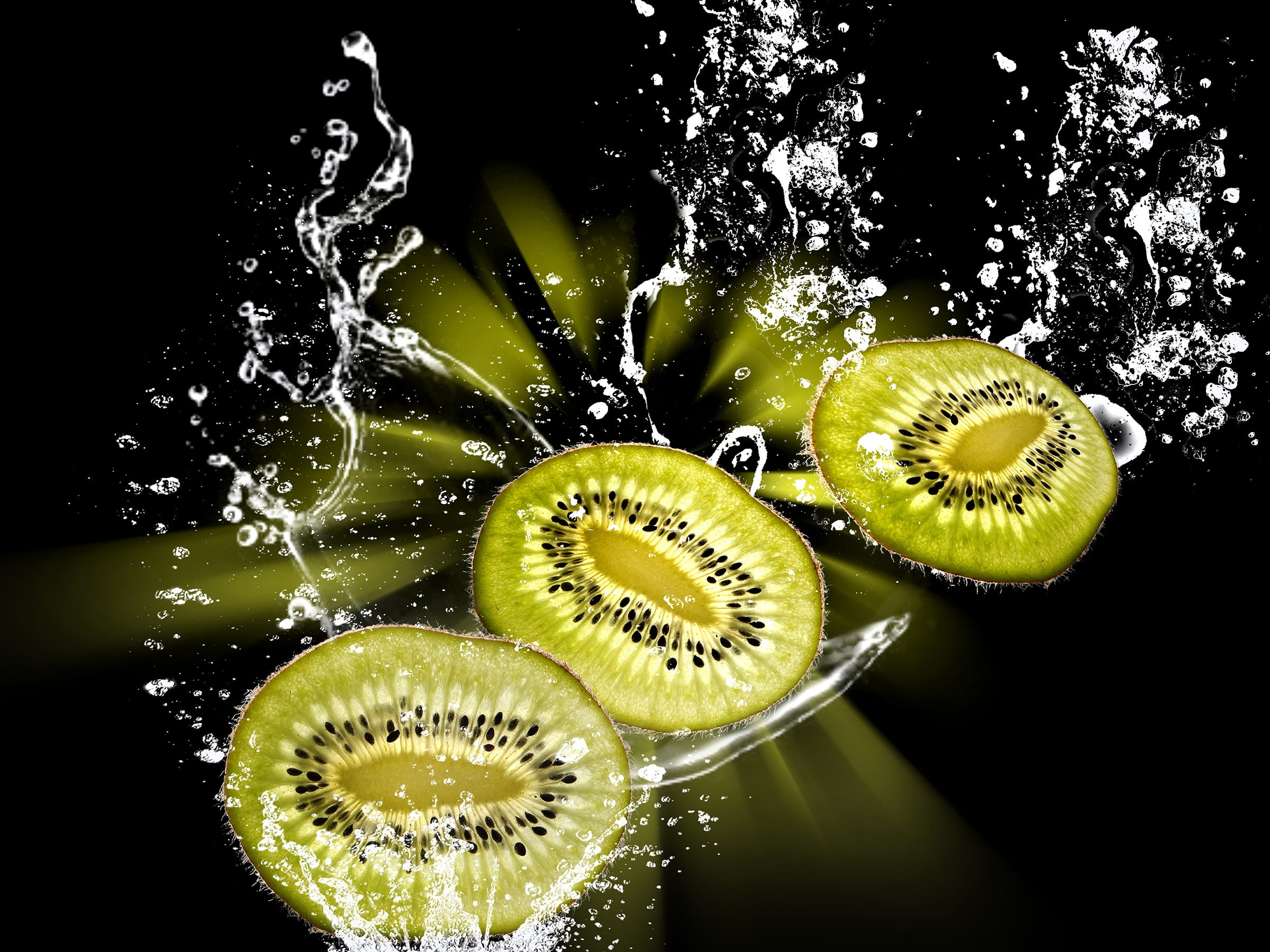 sweet, food and drink, kiwi - fruit, vitamins, yellow, illustration, slice kiwi, food, water, drop of water, freshness, frisch, close-up, refreshment, studio shot, HD Wallpaper