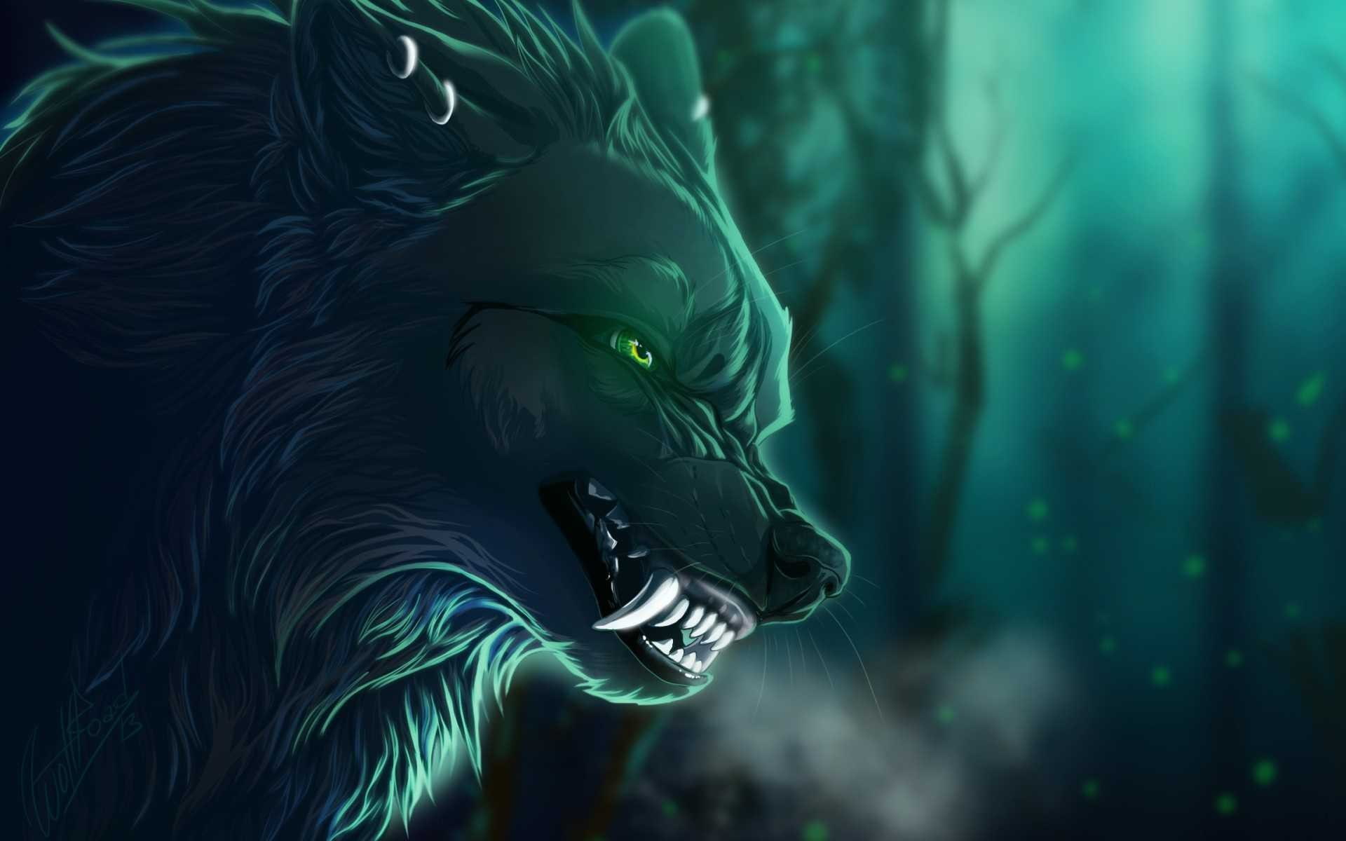 artwork, 1080P, green eyes, wolf, teeth, fantasy art, creature, HD Wallpaper