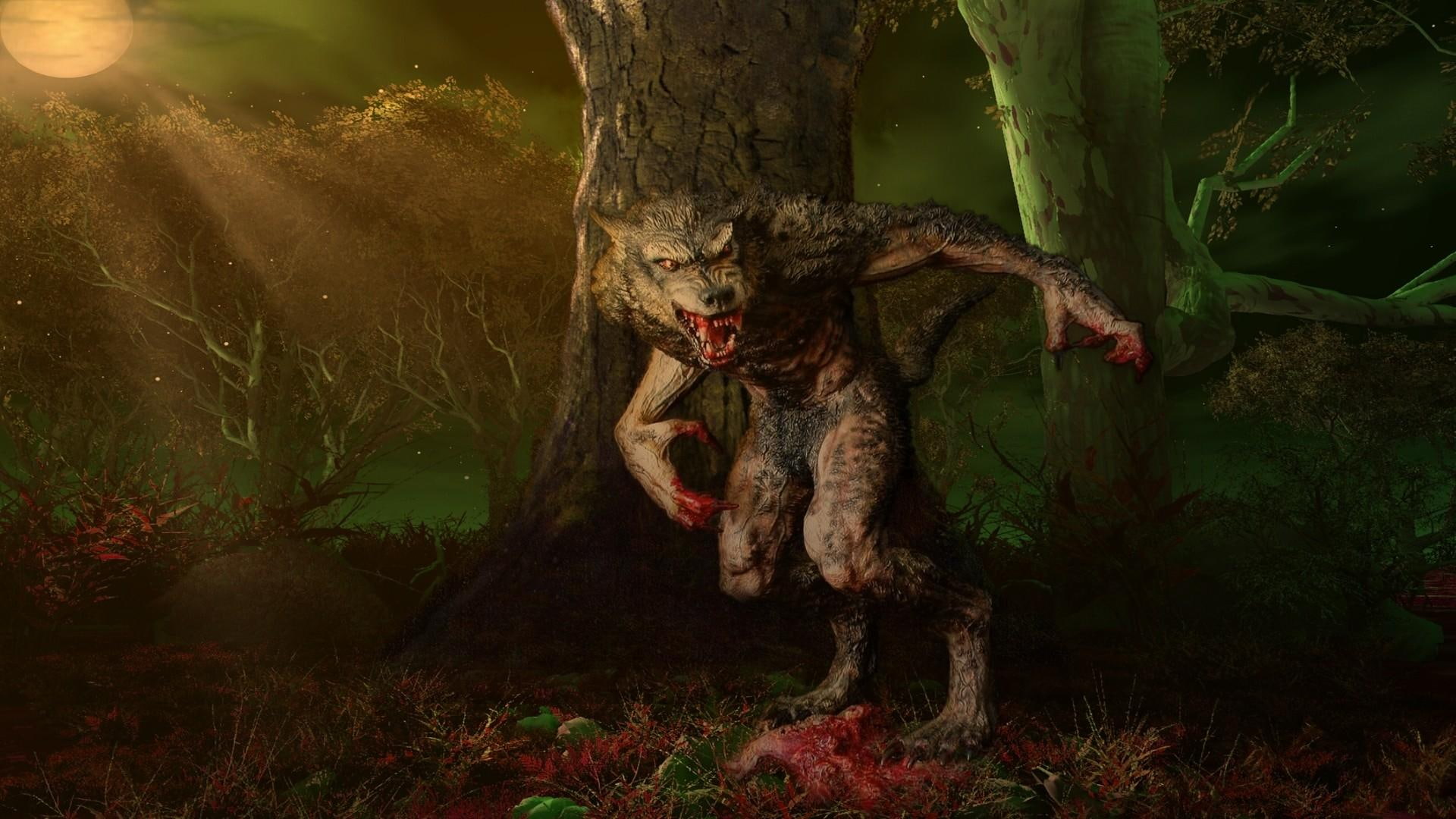 3d and abstract, forest, wolf, dark, fantasy, bad, big, artistic, blood, woods, 1080P, HD Wallpaper