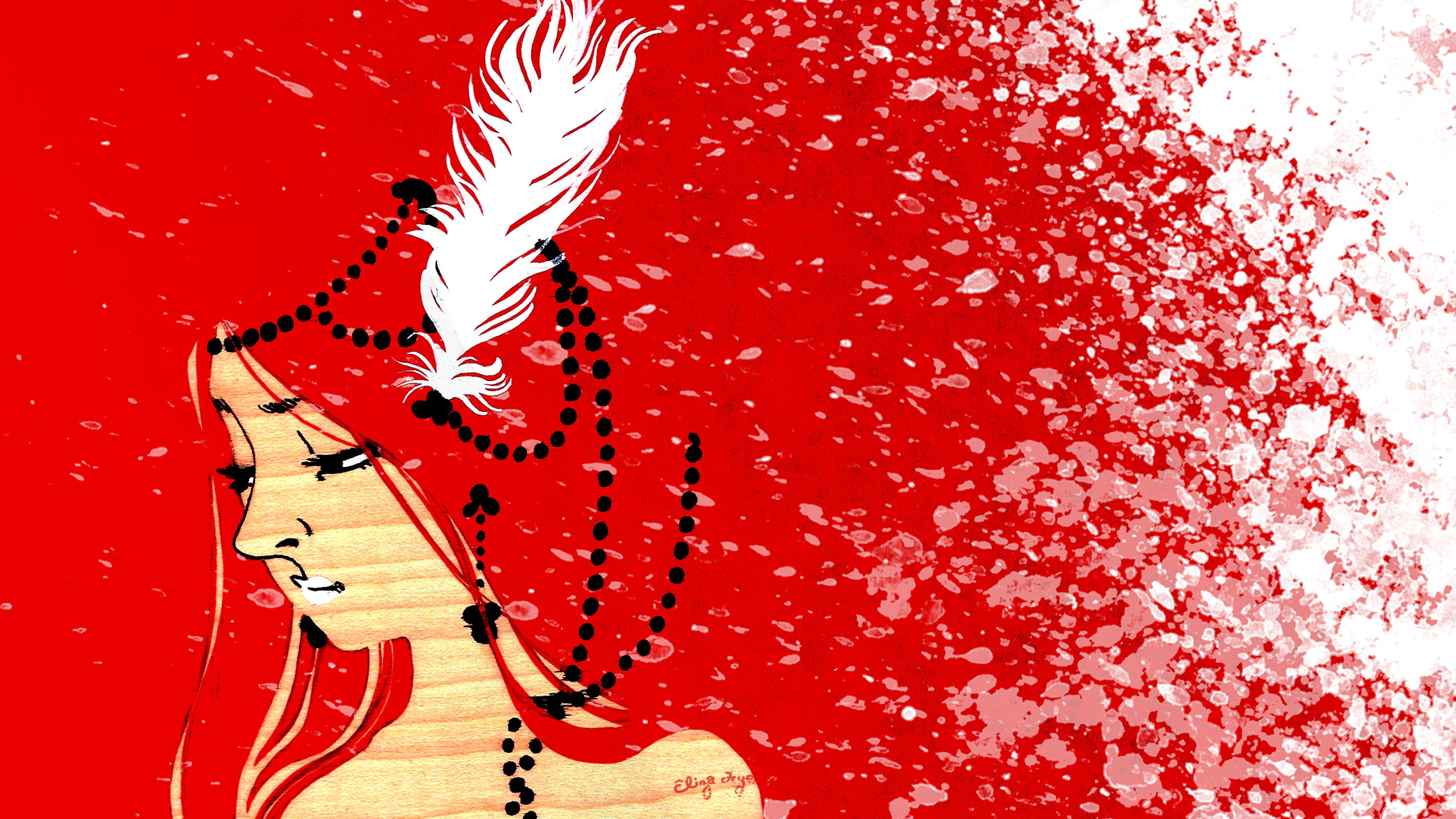 white, drawing, red, illustration, head, woman, feather, 2K, hd, digital/artwork, abstract, HD Wallpaper