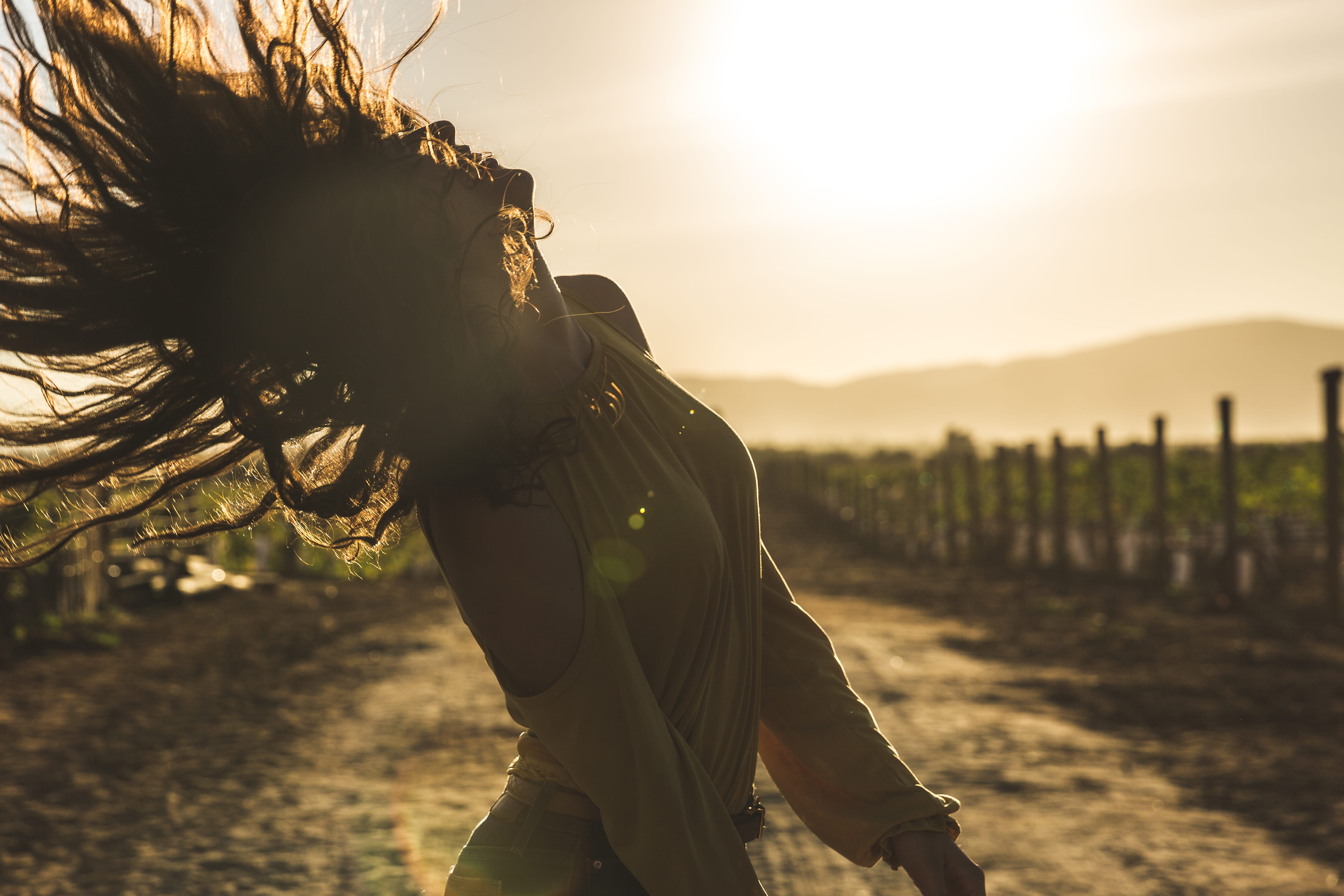 wine, side view, hair flip, girl, sky, leisure activity, real people, three quarter length, photoshoot, tension, 5K, woman, lady, vineyard, field, green, HD Wallpaper