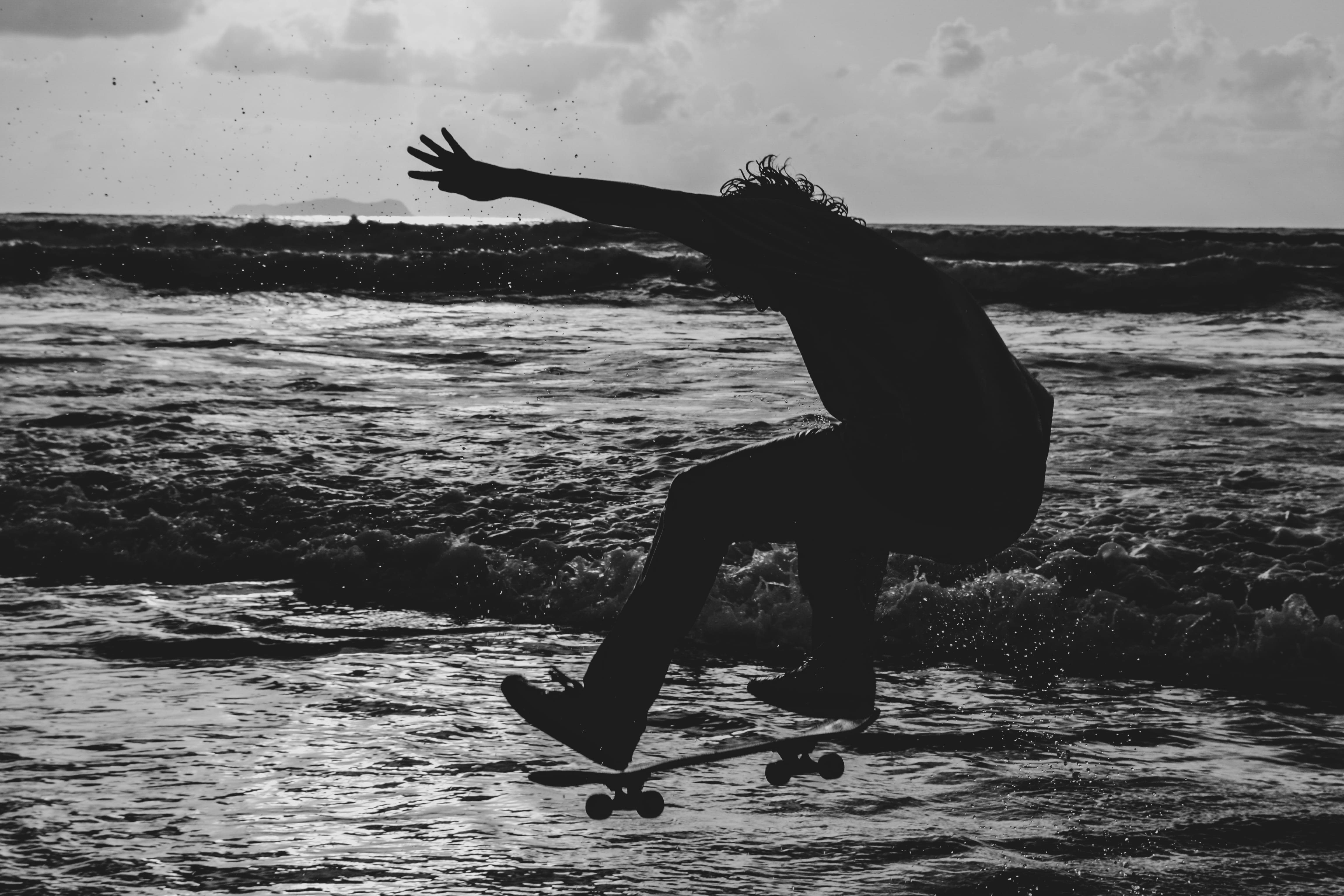 4K, nature, day, silhouette, one person, beach, mexico, beauty in nature, playas de tijuana, full length, waves, side view, leisure activity, silver, skateboards, HD Wallpaper