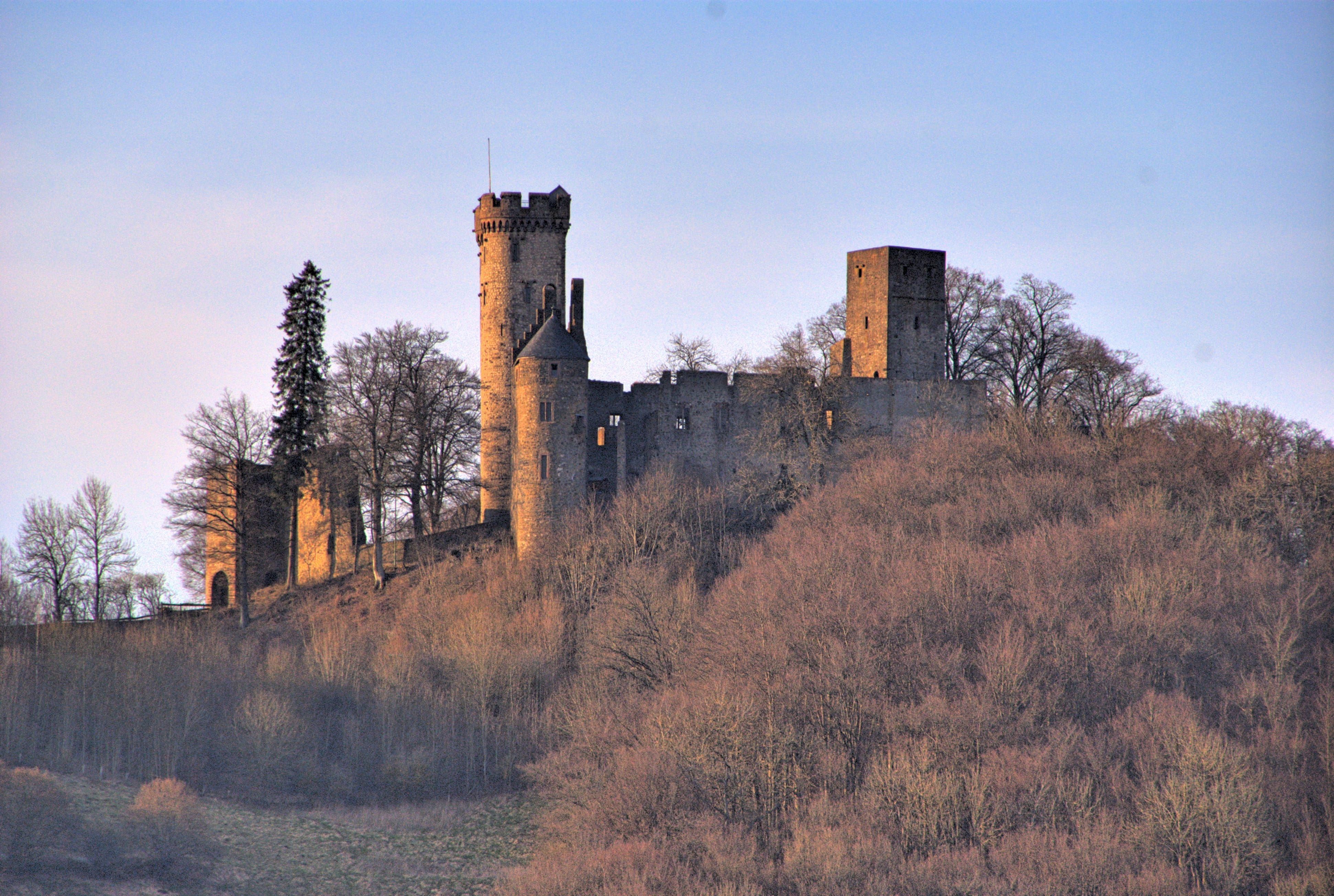 4K, eifel, sky, history, the past, pelm, chimney, tree, bare tree, damaged, land, wolf park, castle, landscape, factory, architecture, nature, outdoors, HD Wallpaper