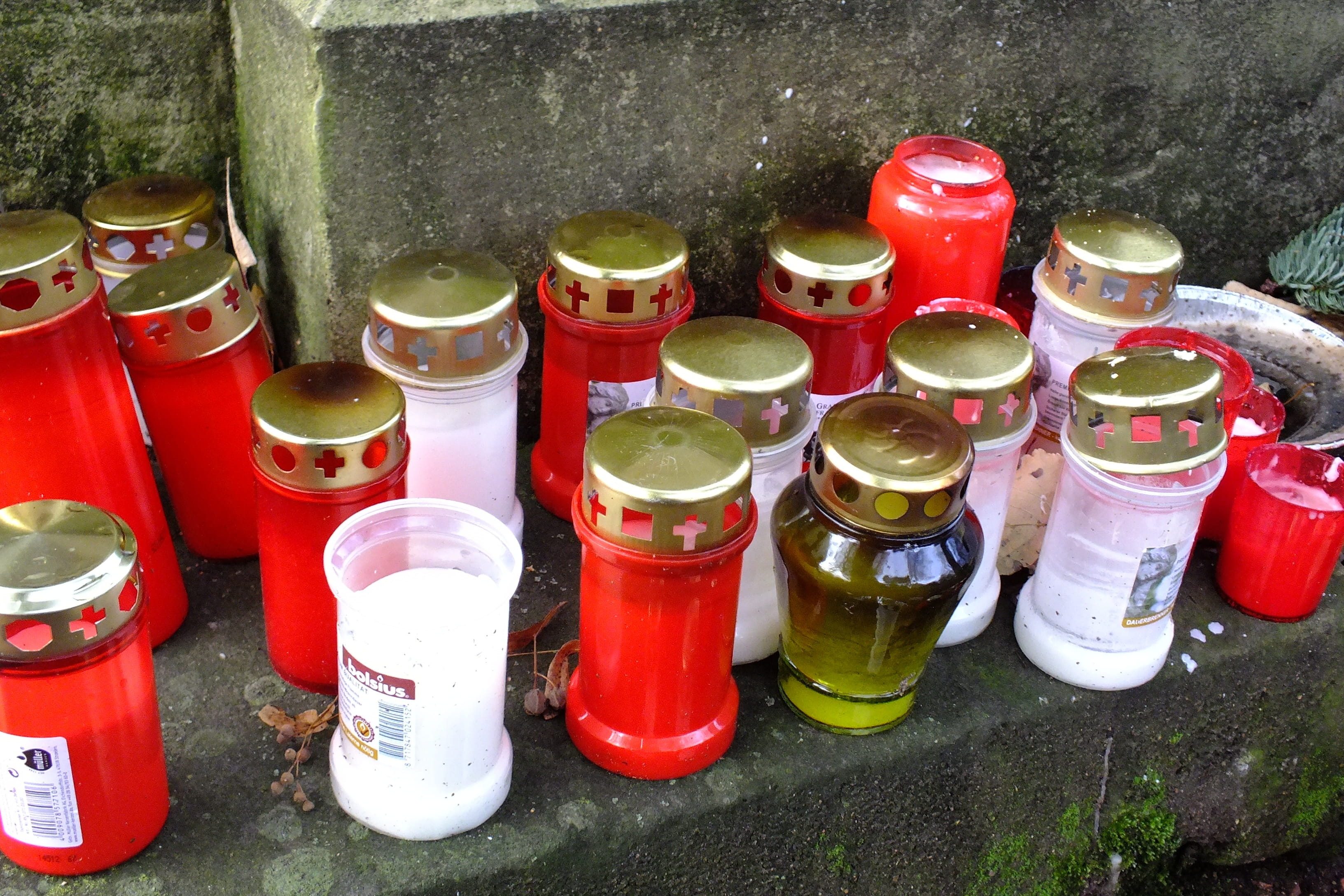Lights, multi colored, Grave, in a row, communication, day, outdoors, jar, variation, bottle, side by side, grave lights, no people, All Saints, glass - material, HD Wallpaper