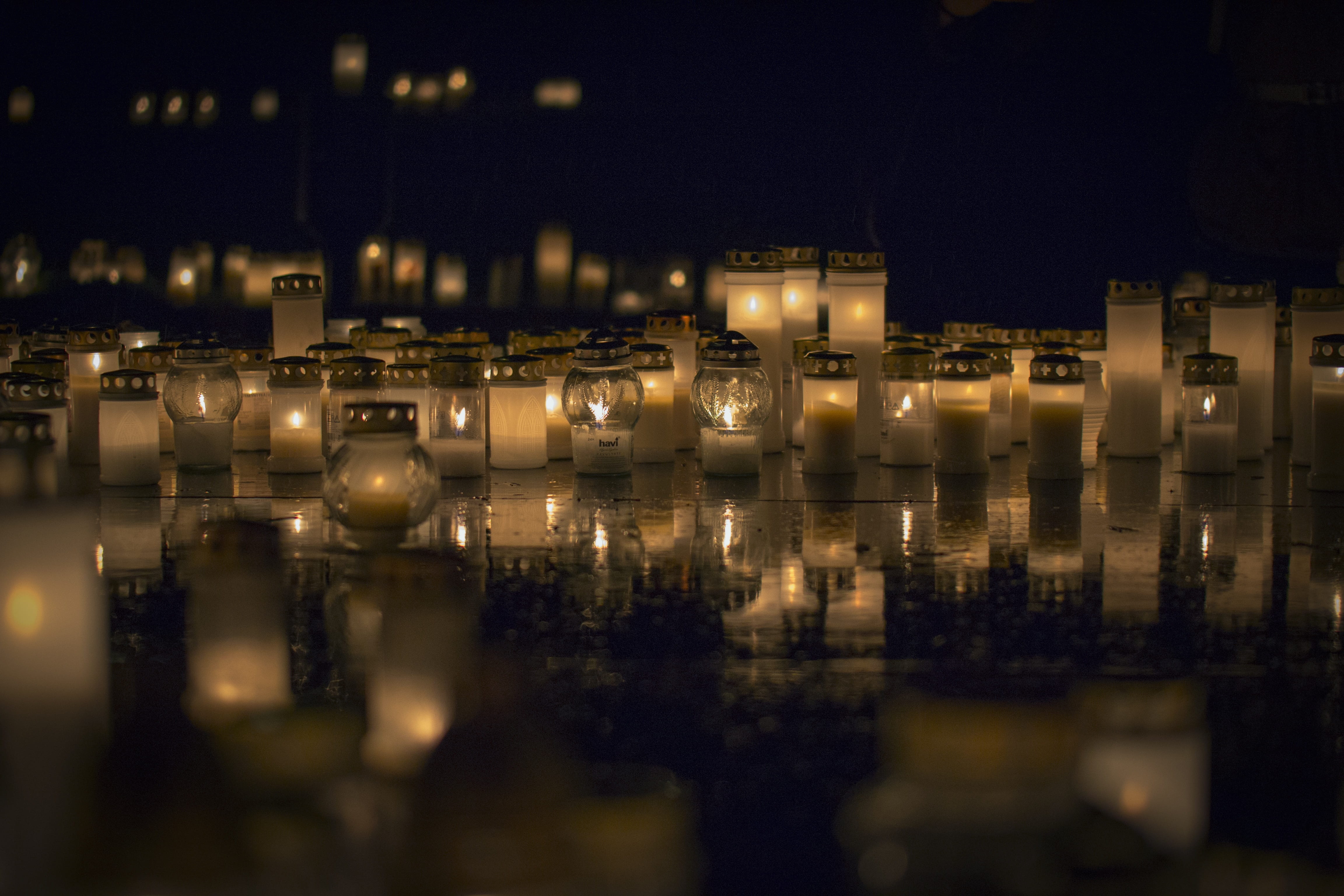 reflection, large group of objects, night, architecture, illuminated, lights, gray, travel destinations, building exterior, city, candle, street, dark, HD Wallpaper