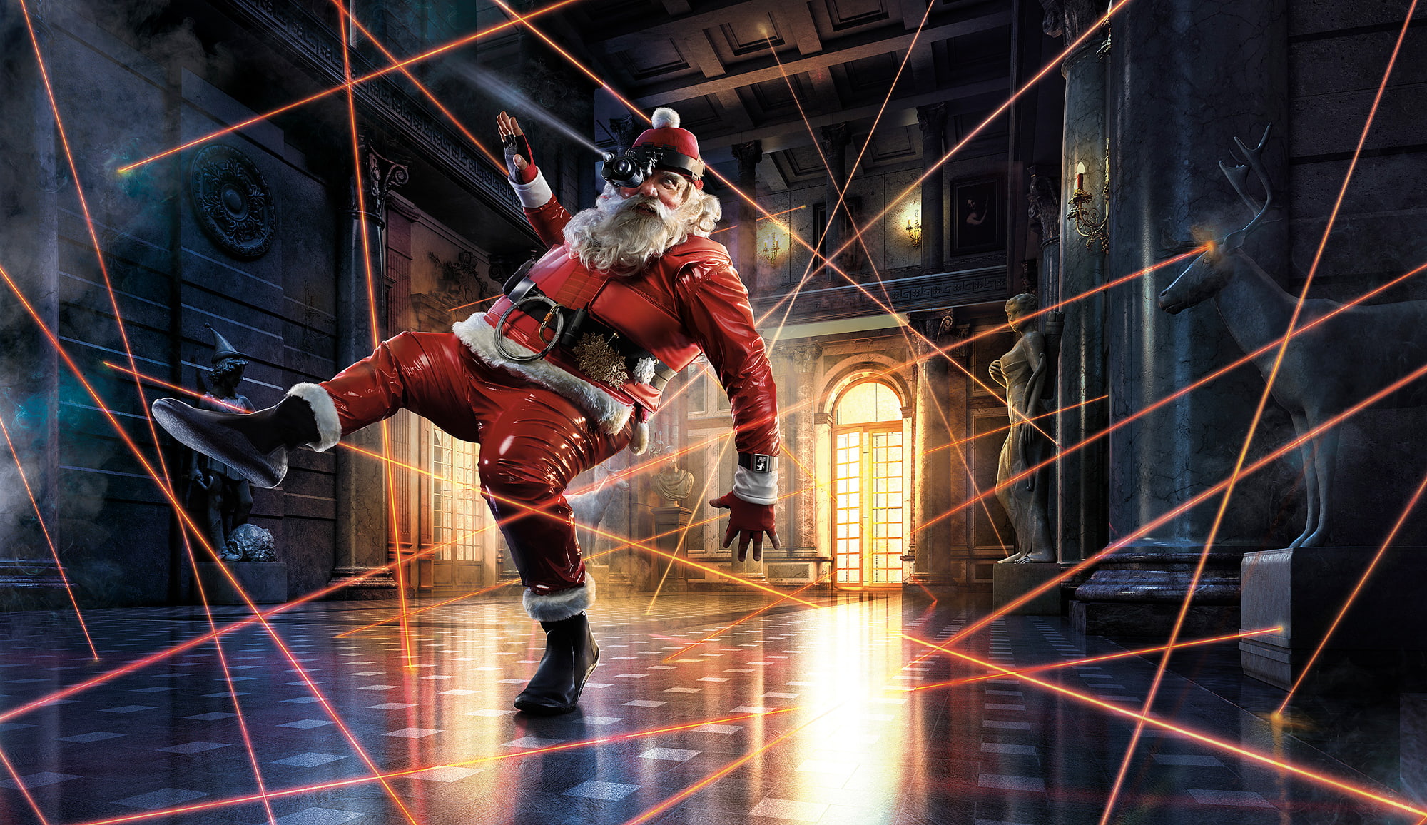 castle, beard, the old man, the door, Santa Claus, sneaks, obstacle, the situation, 1080P, art, rays, night, HD Wallpaper