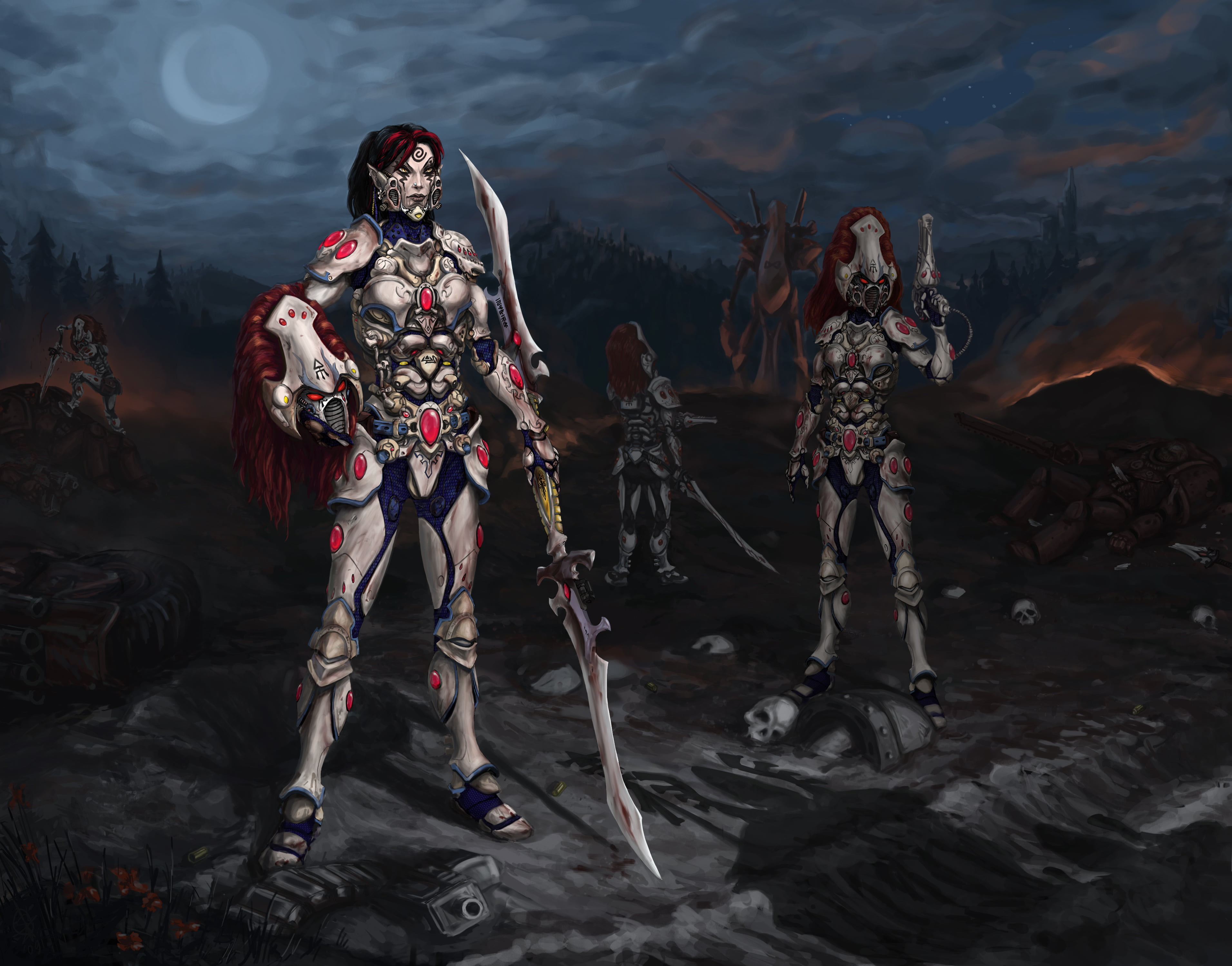 shadows, moon, video, lifestyles, armor, reflection, weapon, real people, armed Forces, clothing, Eldar, lake, howling banshee, costume, rear view, imagination, HD Wallpaper