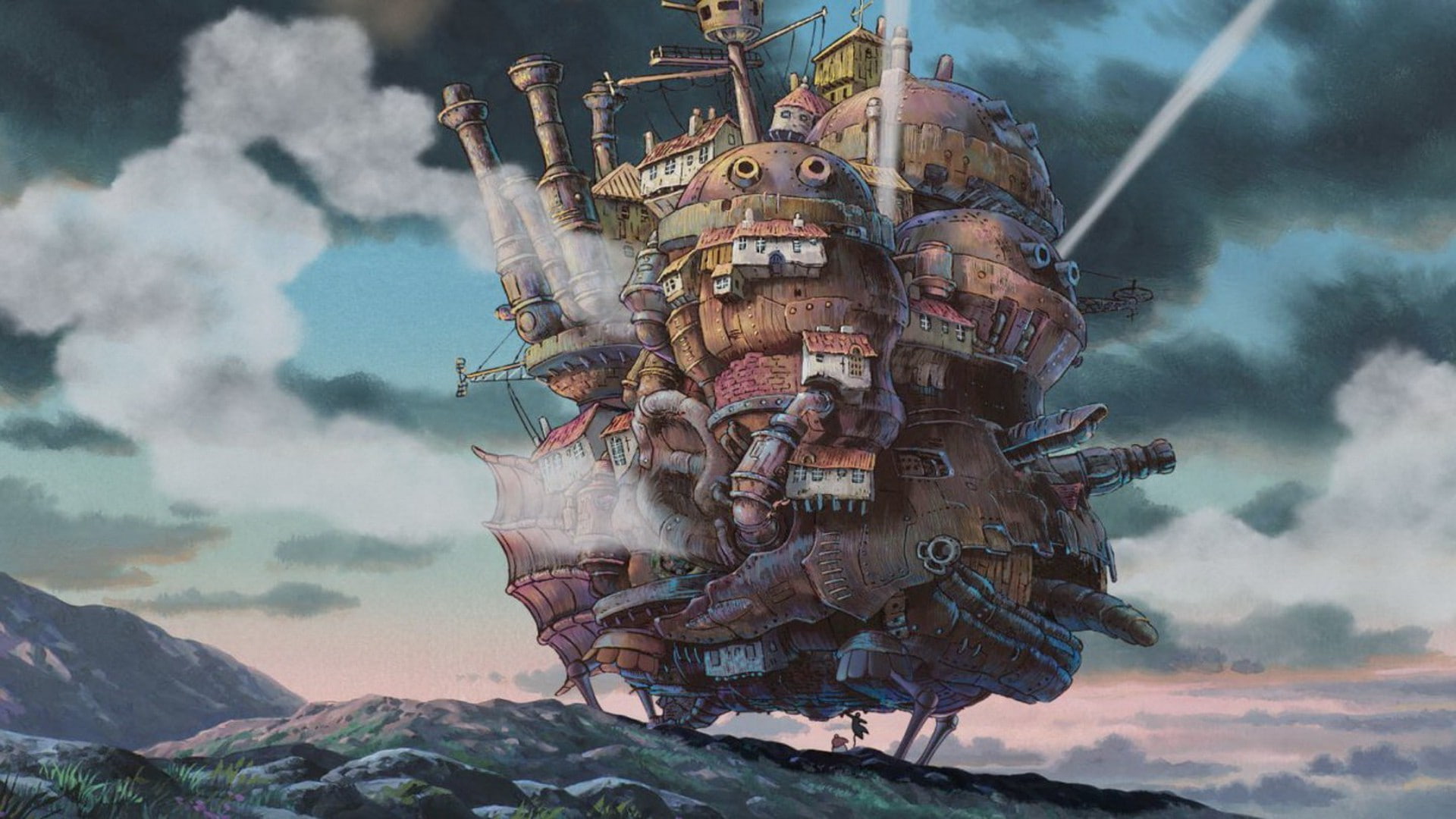 environment, studio ghibli howls moving castle anime, people, mountain, sea, adventure, 1080P, adult, history, the past, transportation, architecture, HD Wallpaper