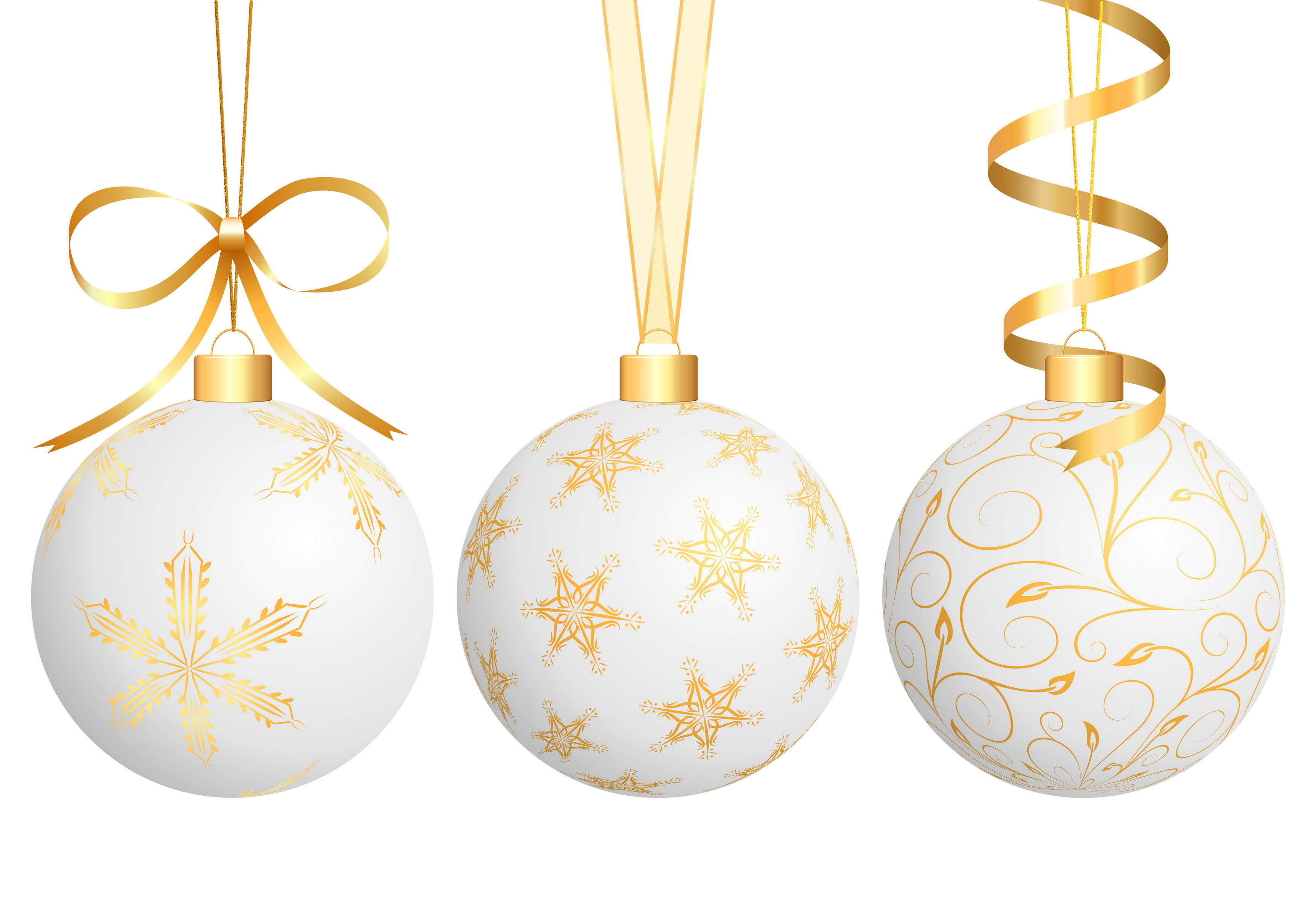 illustration, pattern, gold, celebration, christmas, winter, season, snowflake, three, studio shot, sphere, backgrounds, ribbon, elegance, red, white, isolated, HD Wallpaper