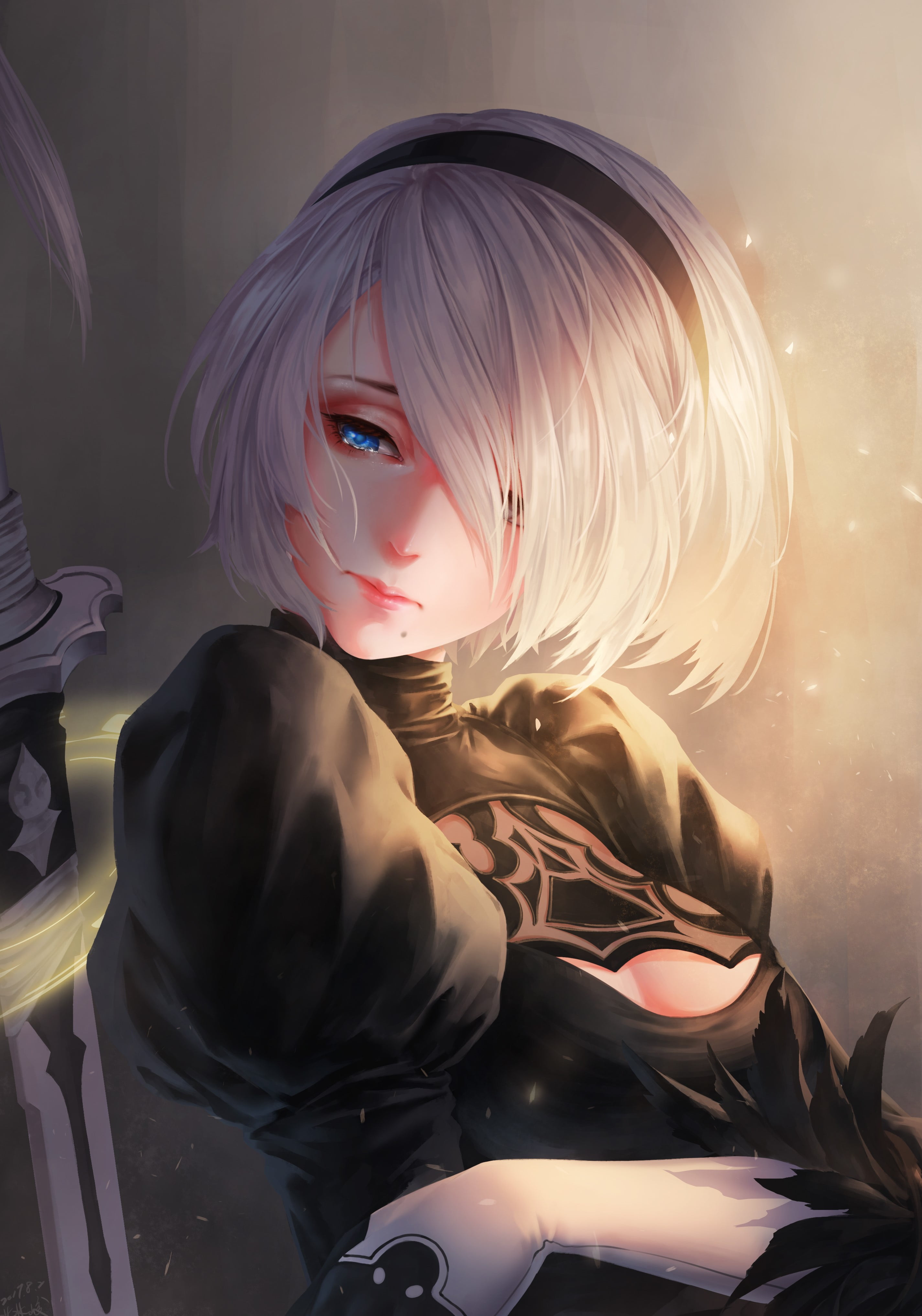 human body part, illuminated, NieR, blue eyes, anime, young adult, white hair, one person, hair, adult, portrait, indoors, make-up, human hair, 4K, fashion, Phone HD Wallpaper