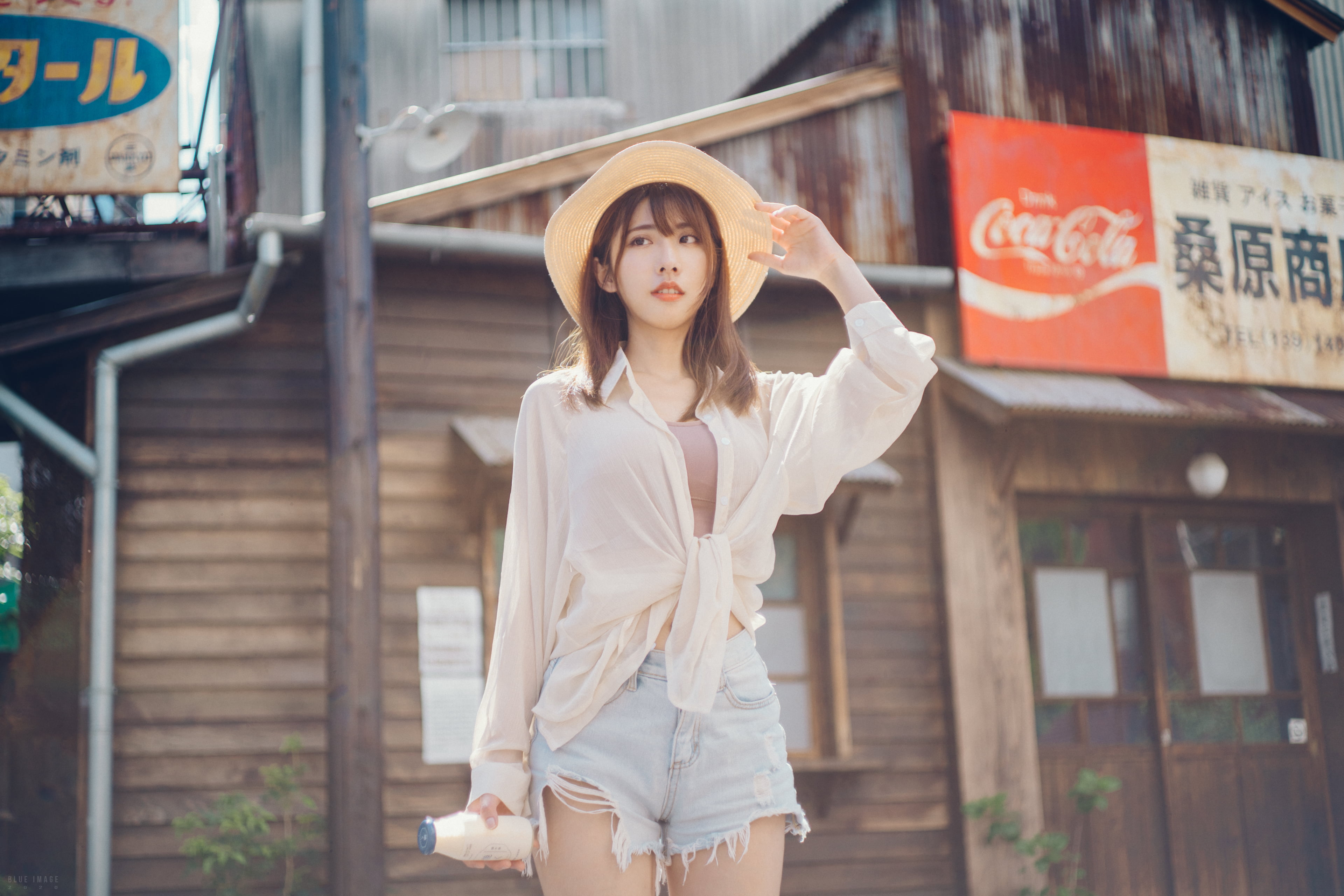 Asian, portrait, shirt, short shorts, jean shorts, outdoors, 4K, model, looking away, women with hats, depth of field, women, torn clothes, women outdoors, HD Wallpaper