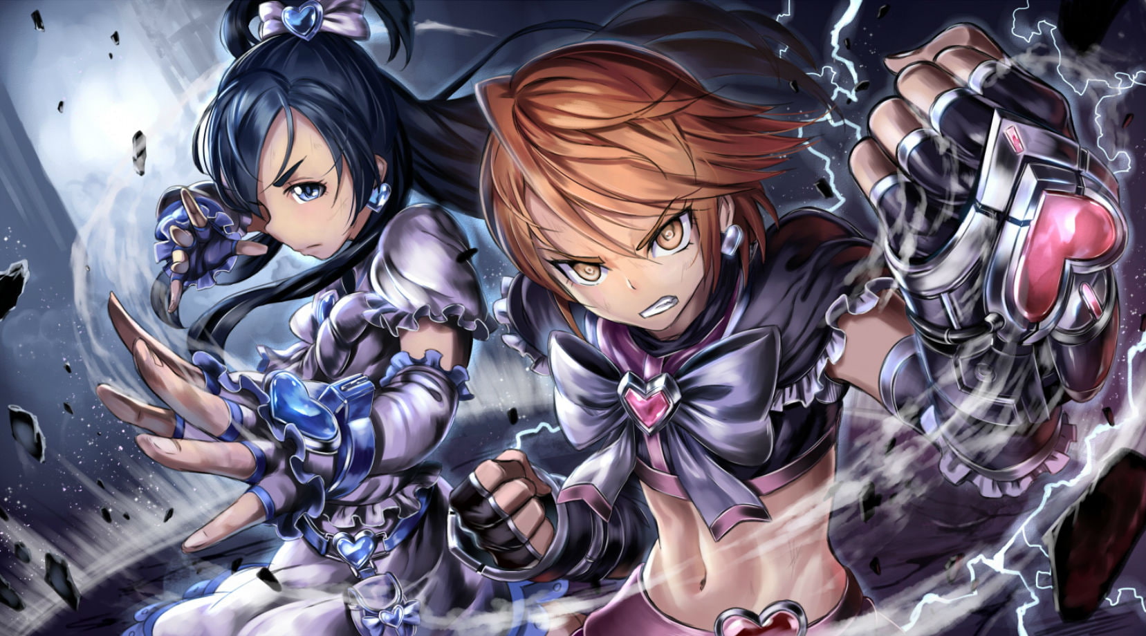 eyes, black, hair, honoka, gloves, white, saku9595, futari, yukishiro, misumi, navel, blue, elbow, 720P, nagisa, saku, precure, brown, cure, HD Wallpaper