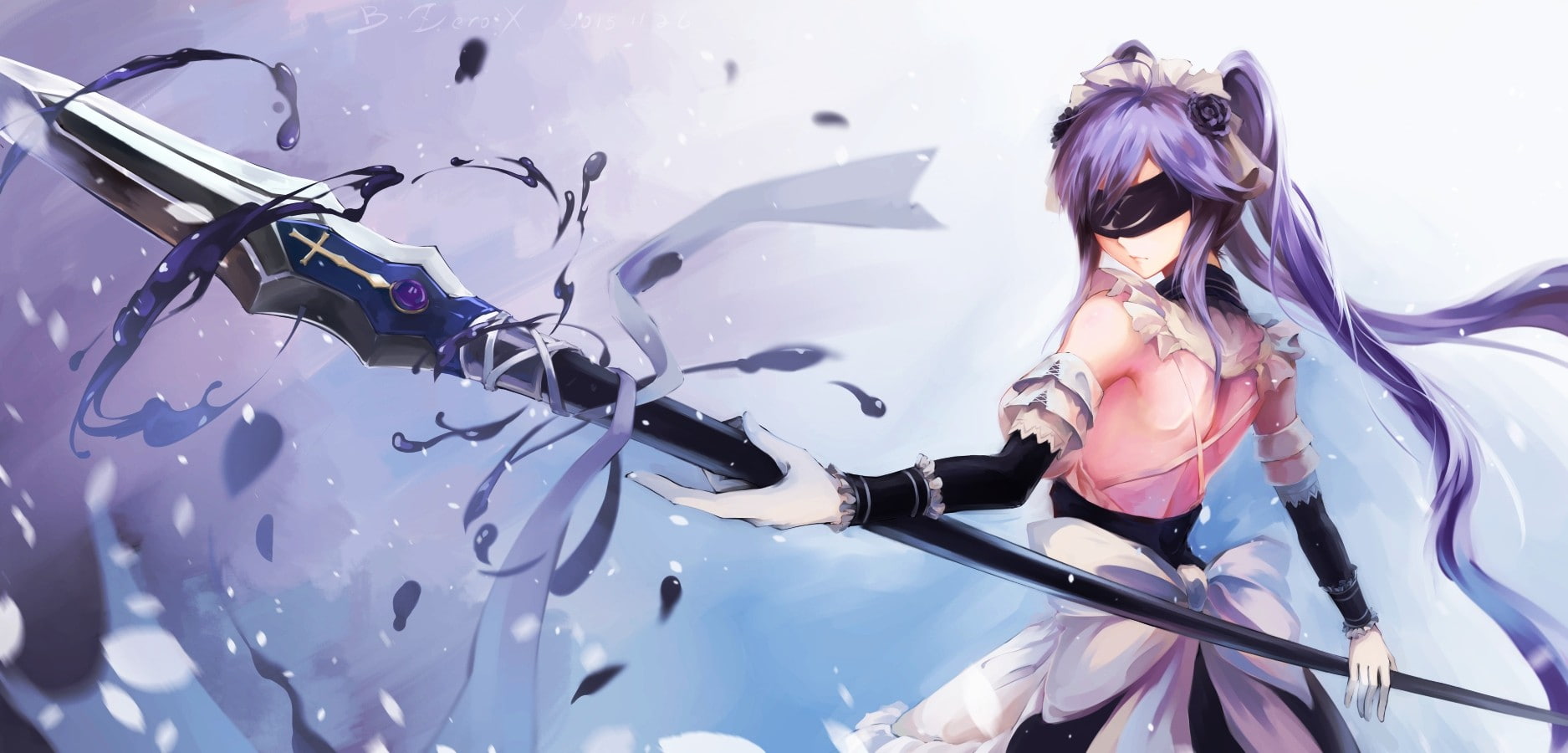 twintails, blindfold, spear, original characters, elbow gloves, anime girls, 720P, weapon, fantasy art, HD Wallpaper