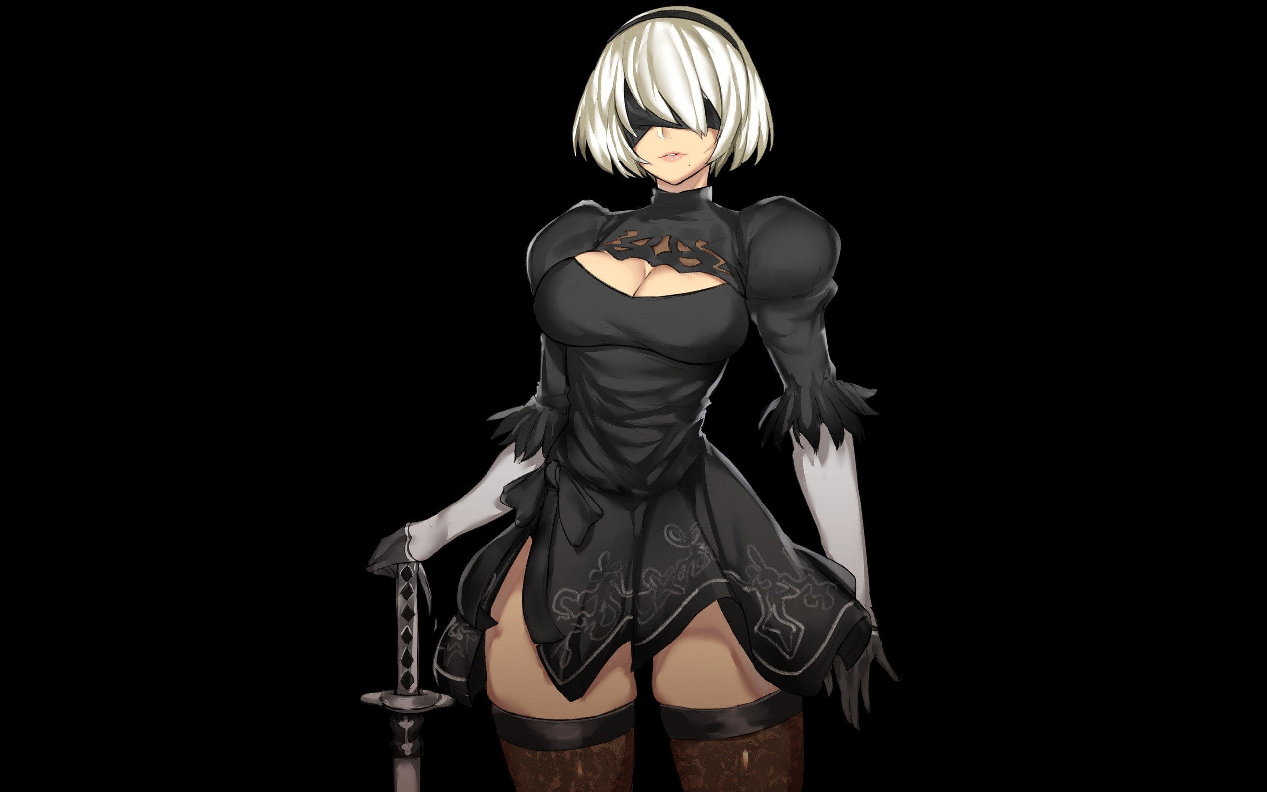 black background, still life, no people, art and craft, fashion, clothing, beauty, standing, representation, mannequin, female likeness, cleavage white hair 2b nier automata short hair black background blindfold elbow gloves gloves headband katana nier automata nier sword weapon thigh highs, HD Wallpaper