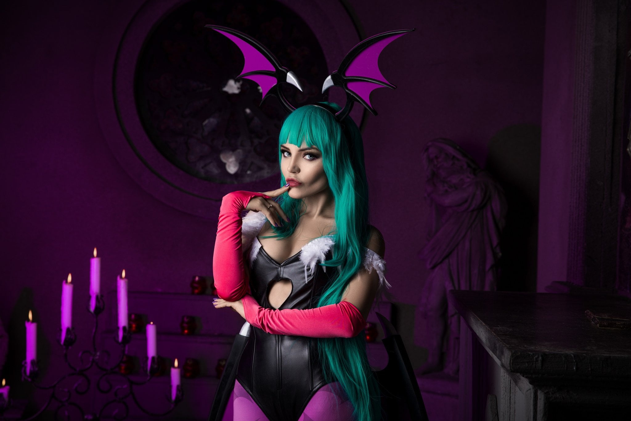 elbow gloves, bats, 500px, blue hair, cosplay, wig, 1080P, model, women, candles, HD Wallpaper