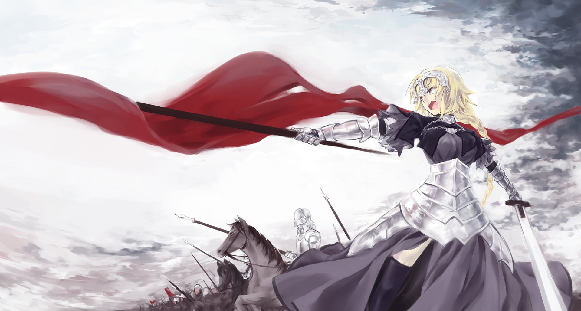 Fate/Grand Order, women, outdoors, winter, adult, Jeanne dArc (Fate Series), day, lifestyles, snow, mountain, sky, 1080P, flag, Ruler (Fate/Apocrypha), HD Wallpaper