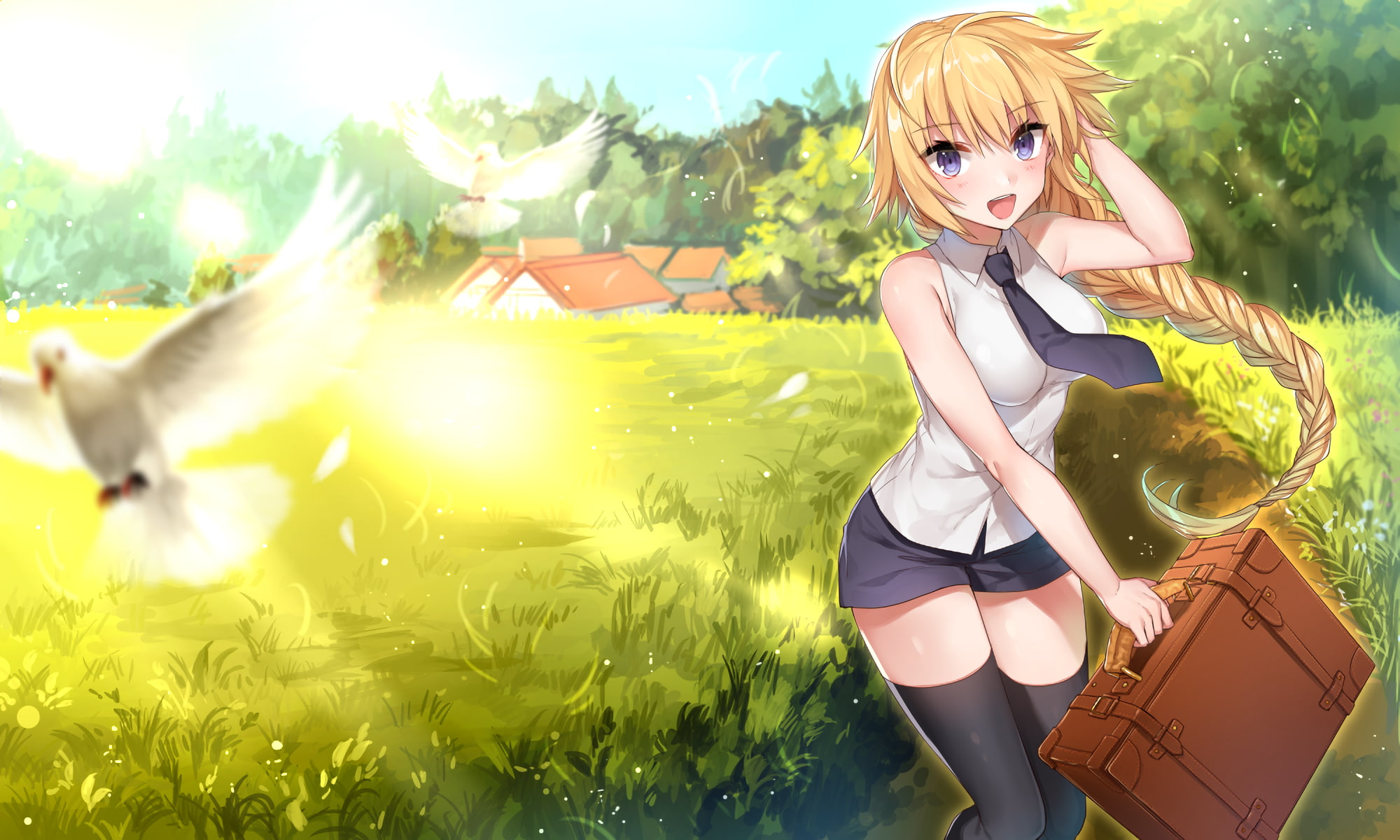 hair, plant, outdoors, braid, beautiful woman, smiling, clothing, sunlight, young adult, blond hair, standing, birds, fate apocrypha, real people, adult, HD Wallpaper