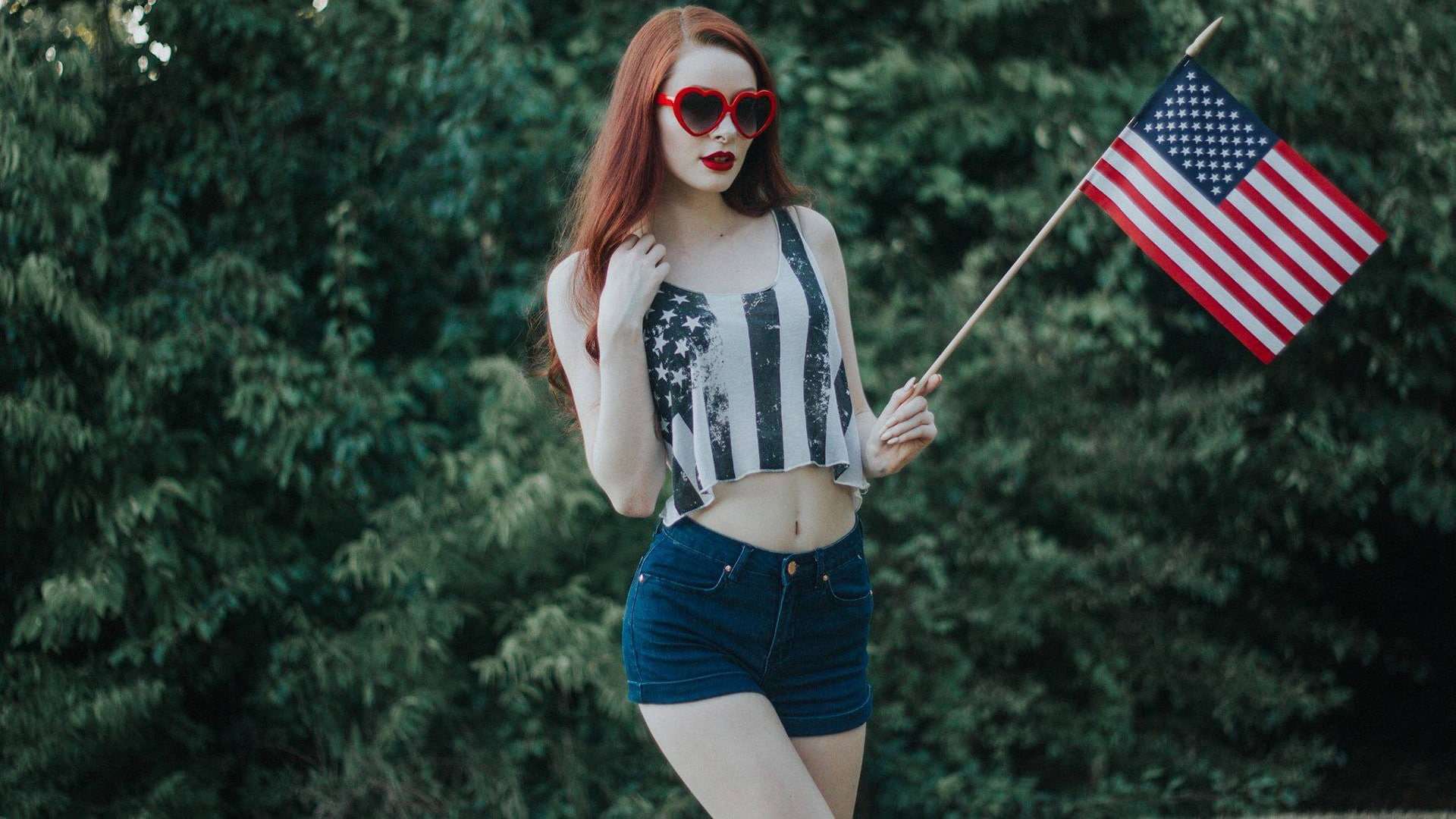 long hair, outdoors, Vannah Blair, 1080P, hairstyle, sunglasses, young adult, standing, young women, glasses, fashion, flag, hair, redhead, patriotism, HD Wallpaper