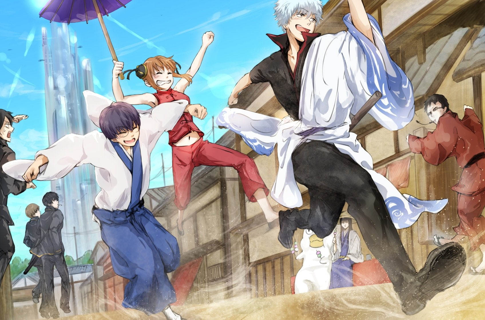 navel, okita, short, cigarette, hair, kotaro, taizo, glasses, brown, sougo, group, katsura, 720P, male, gintama, hasegawa, conone, HD Wallpaper